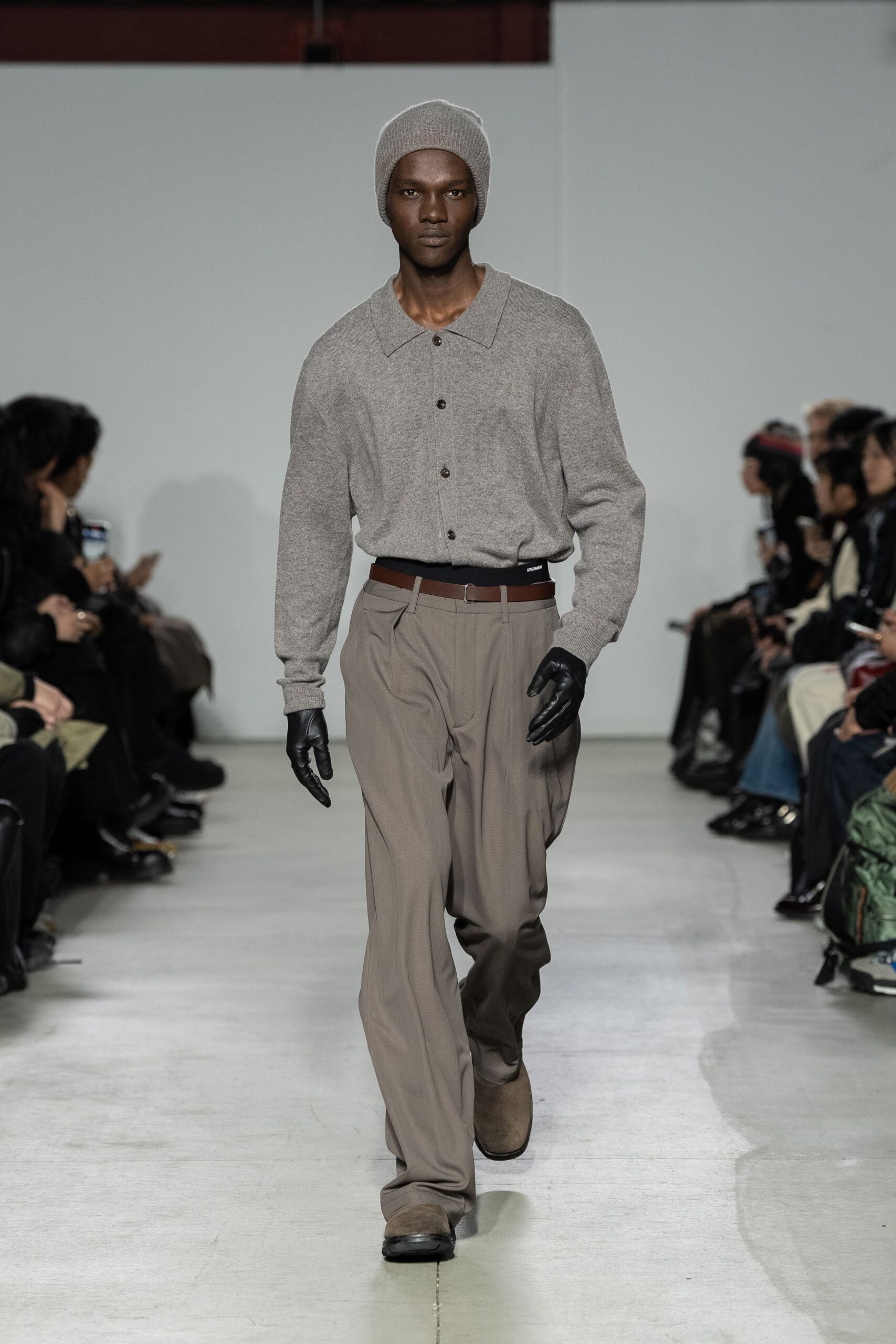 gray wool sweater with beige pants