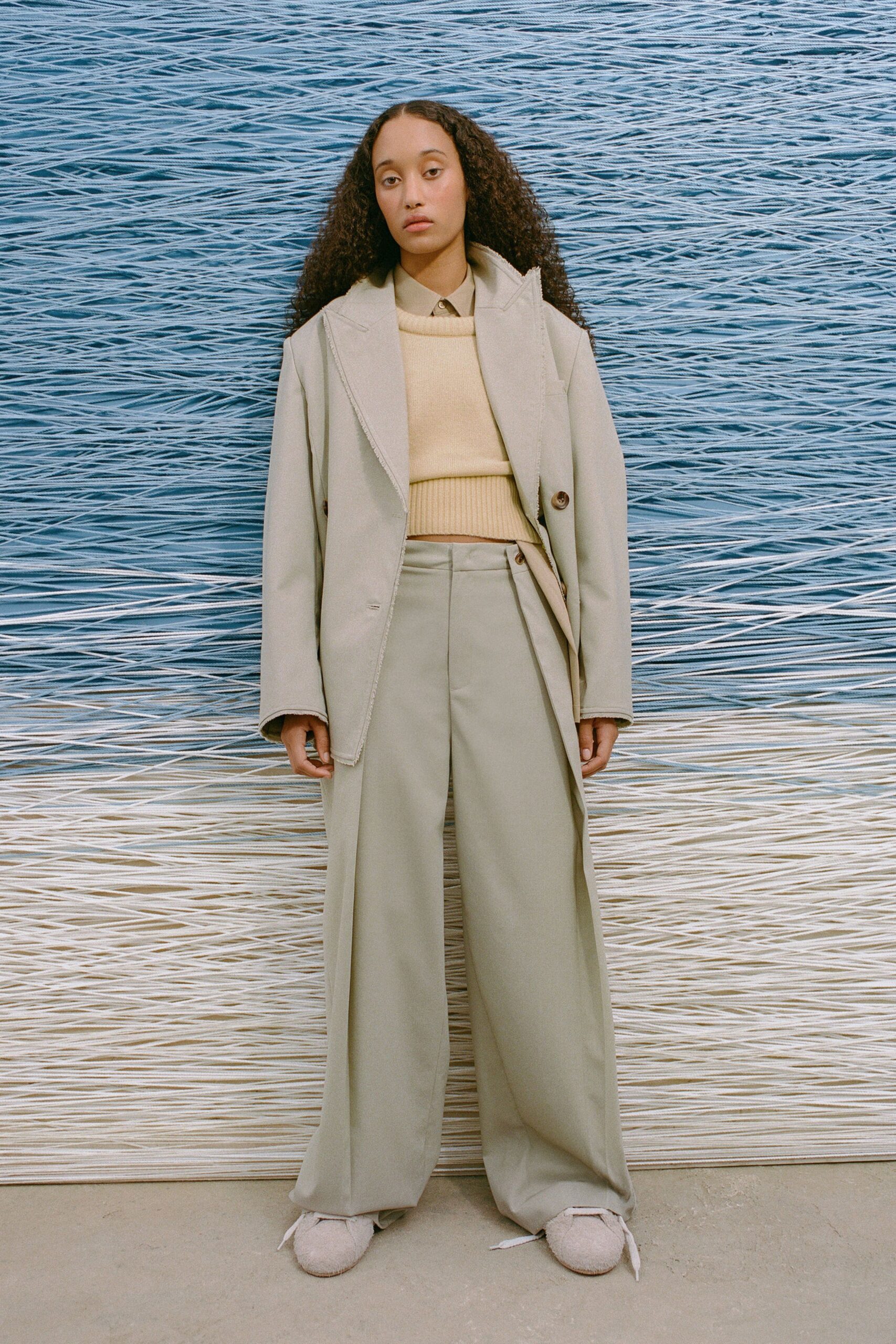 beige relaxed blazer with cream sweater