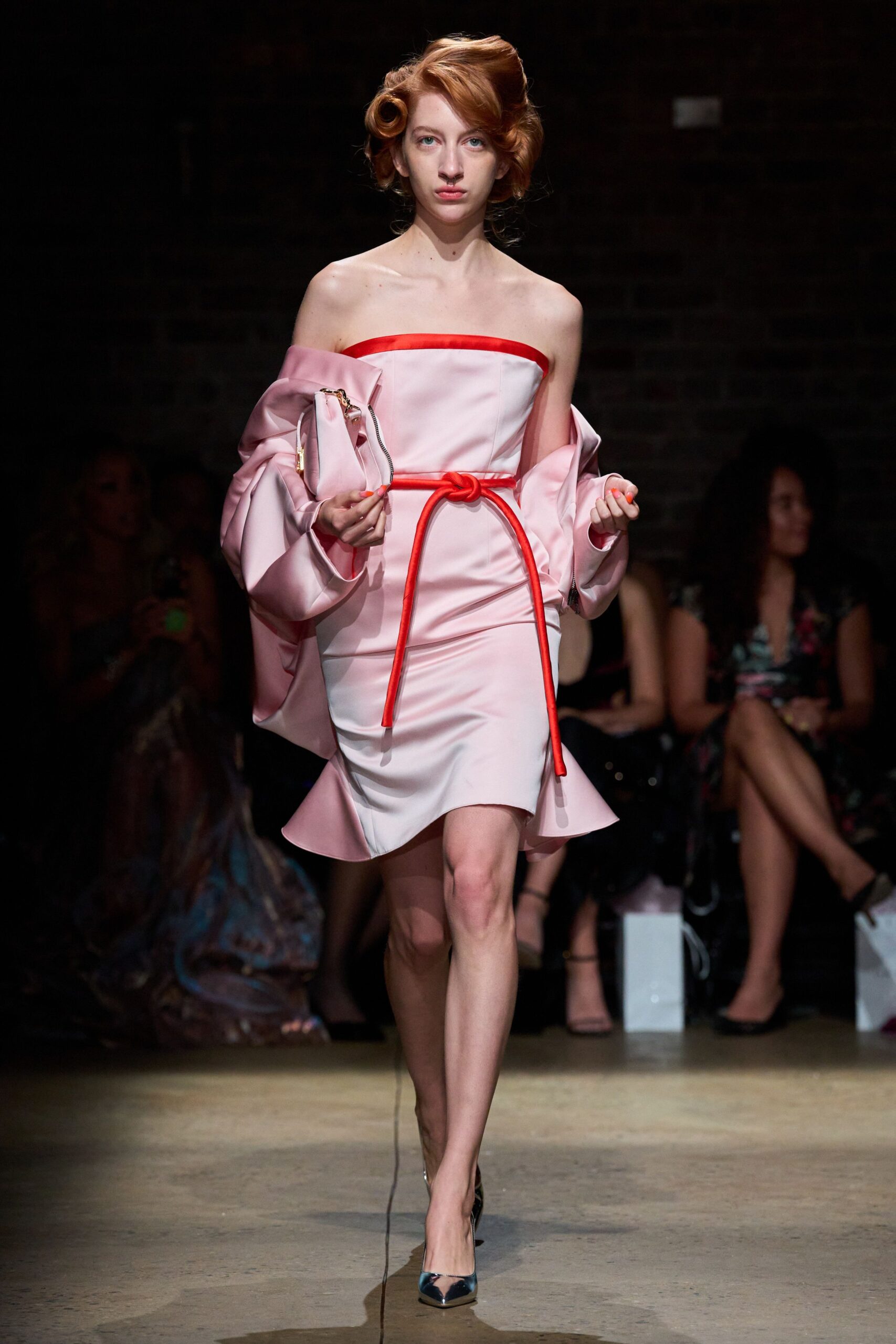 pink silk strapless v-neck fitted belted ruffled dress