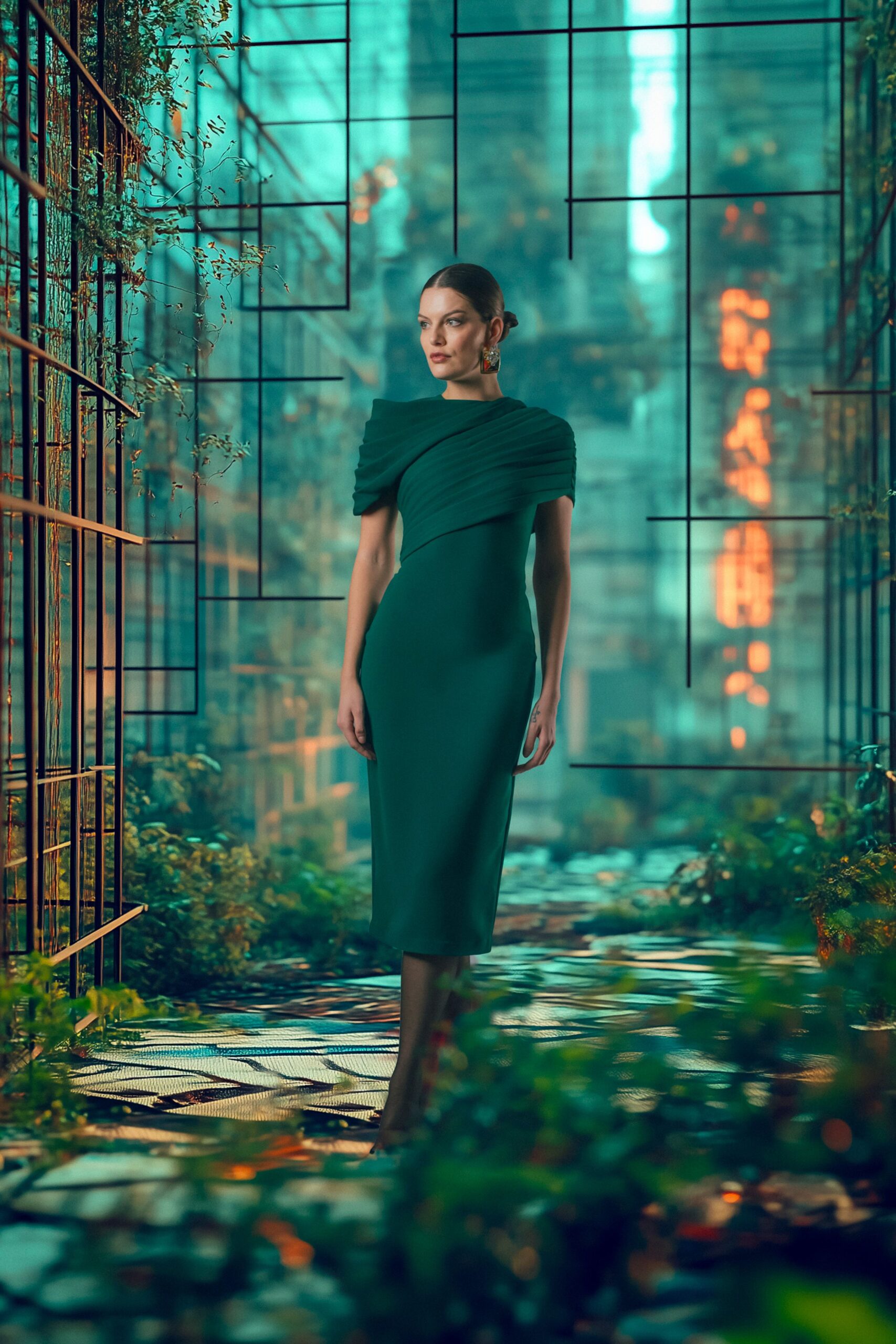 fitted green silk midi dress