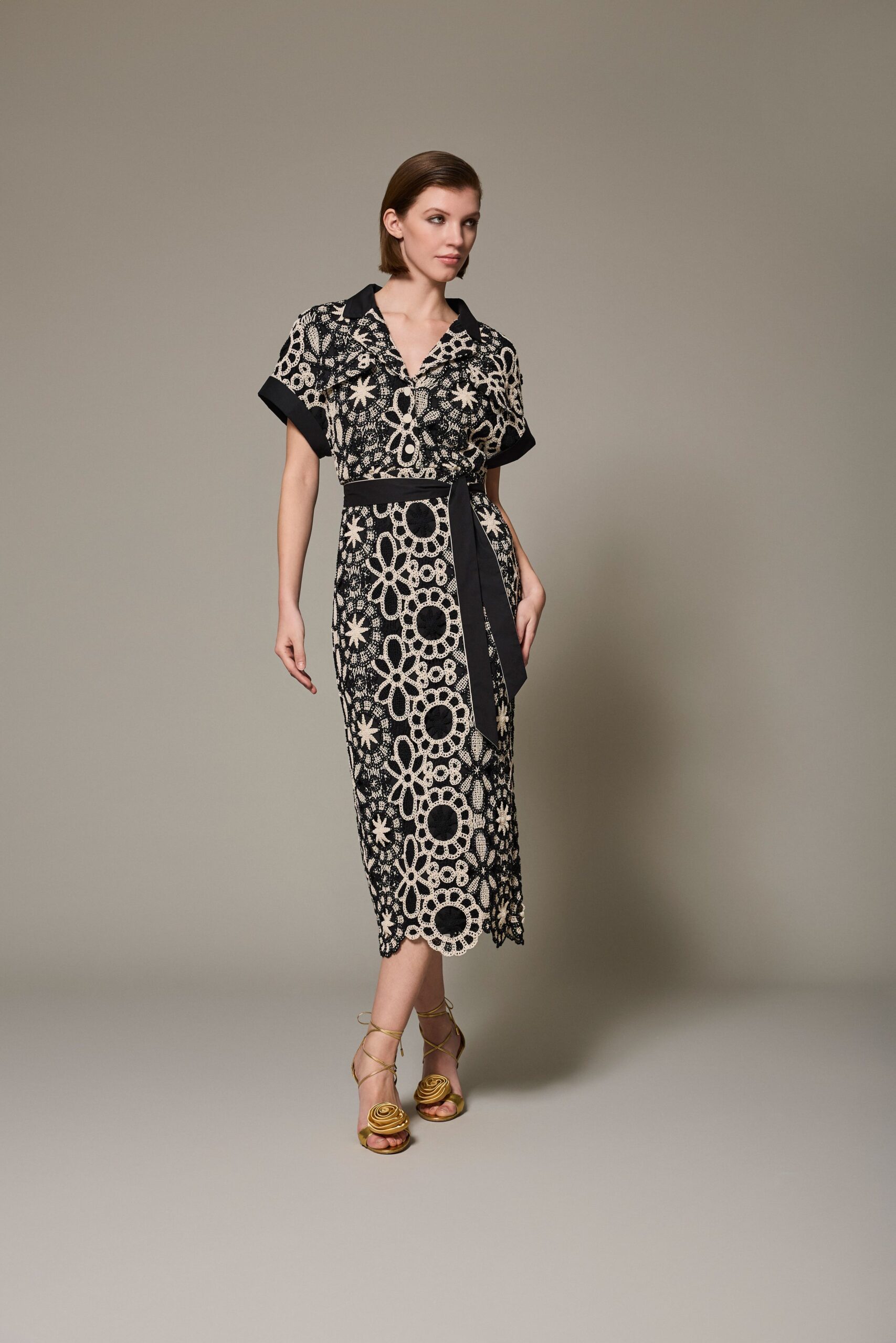 black cotton short-sleeve collared fitted embroidered belted dress