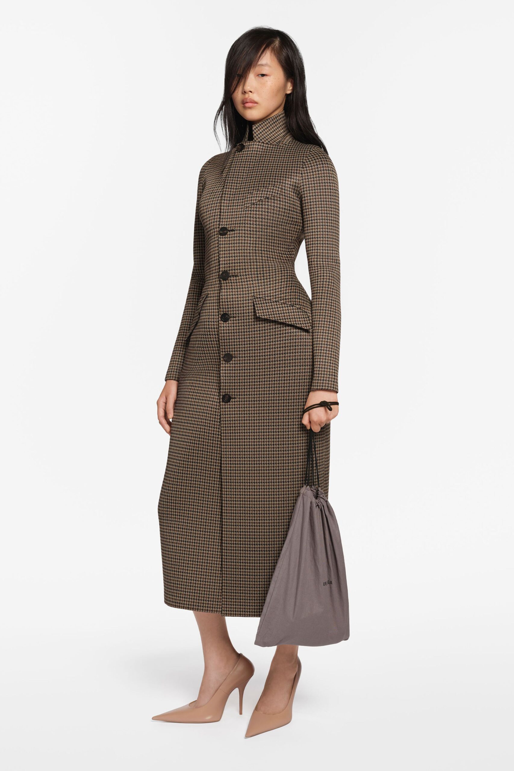 brown wool long-sleeve high-neck structured buttoned checked dress