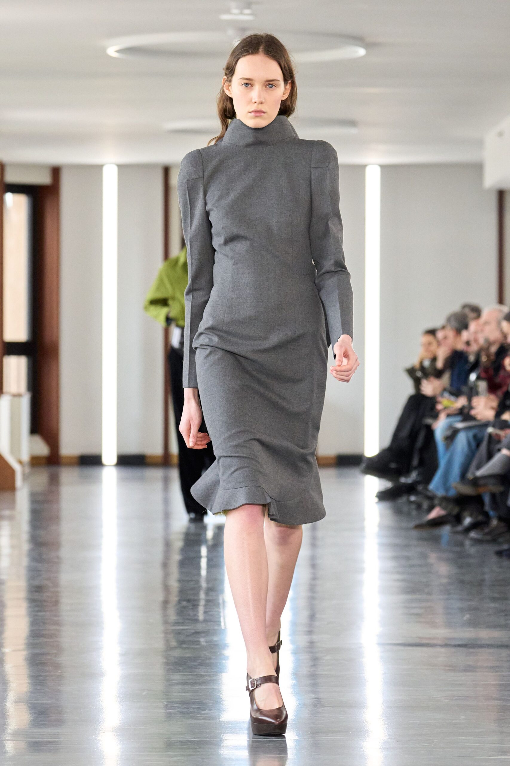 gray fitted long-sleeve dress