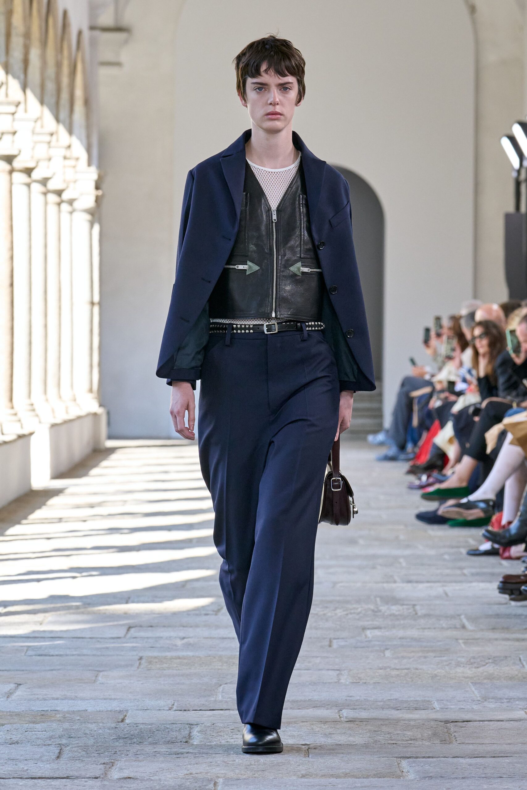 navy blazer with leather top