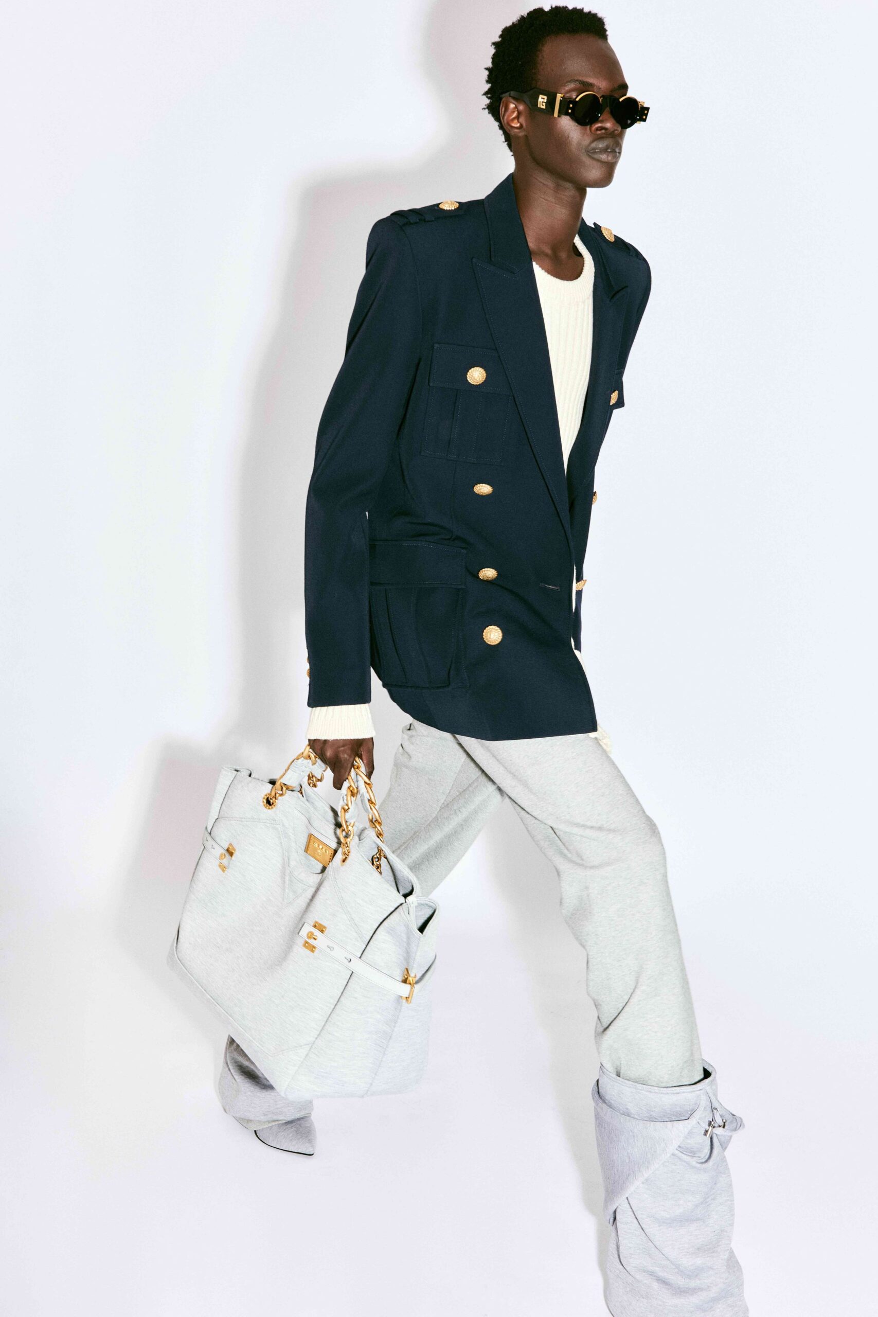 navy blazer with gray pants