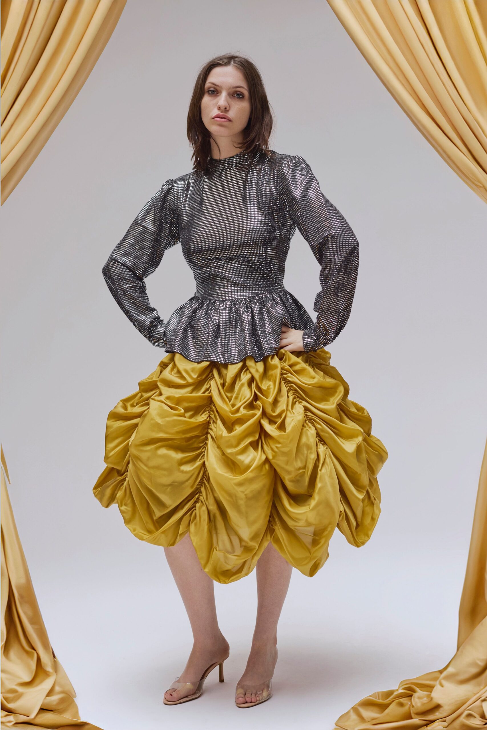 gray metallic long-sleeve high-neck fitted pleated shiny top
