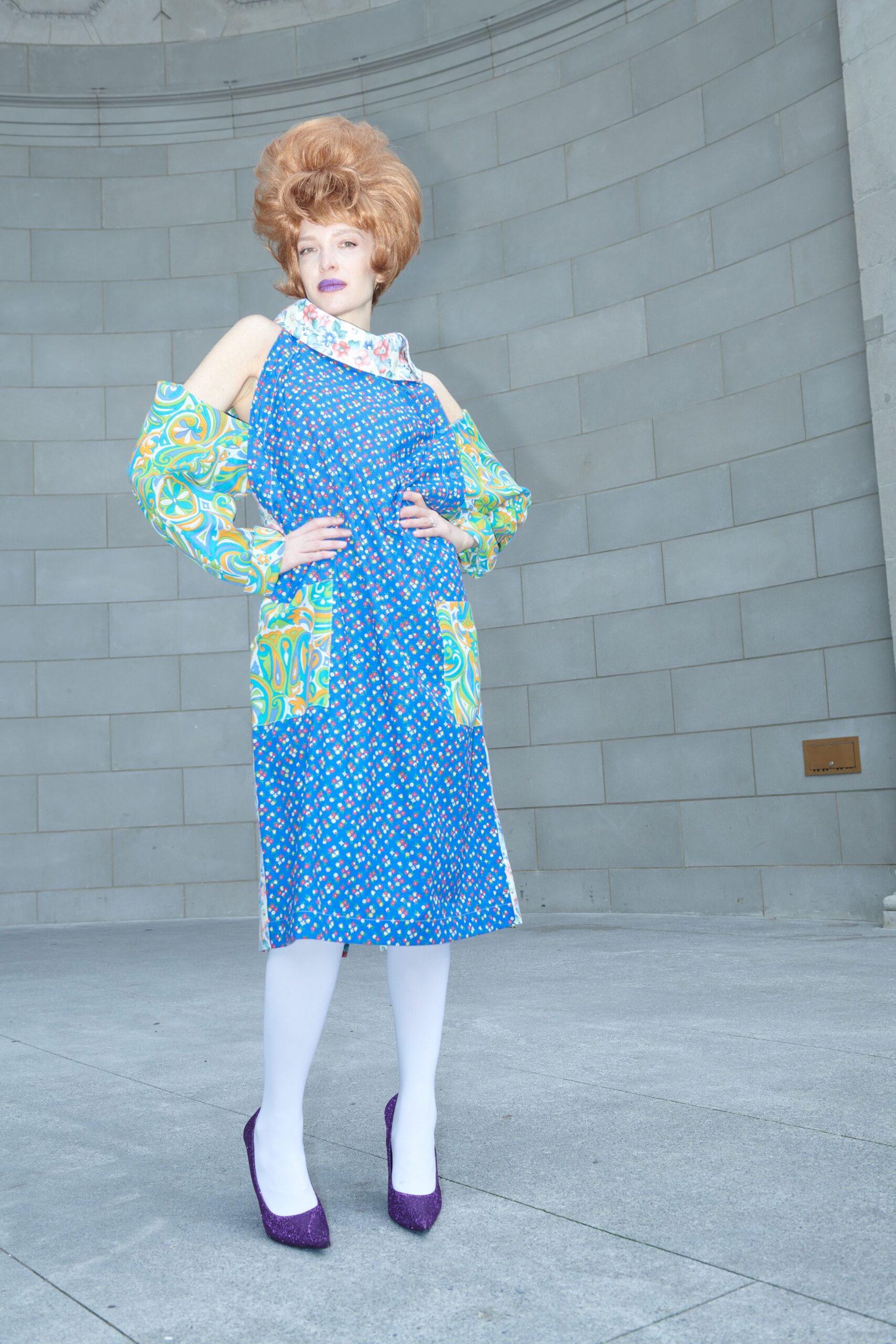 blue cotton sleeveless high-neck fitted printed patchwork dress