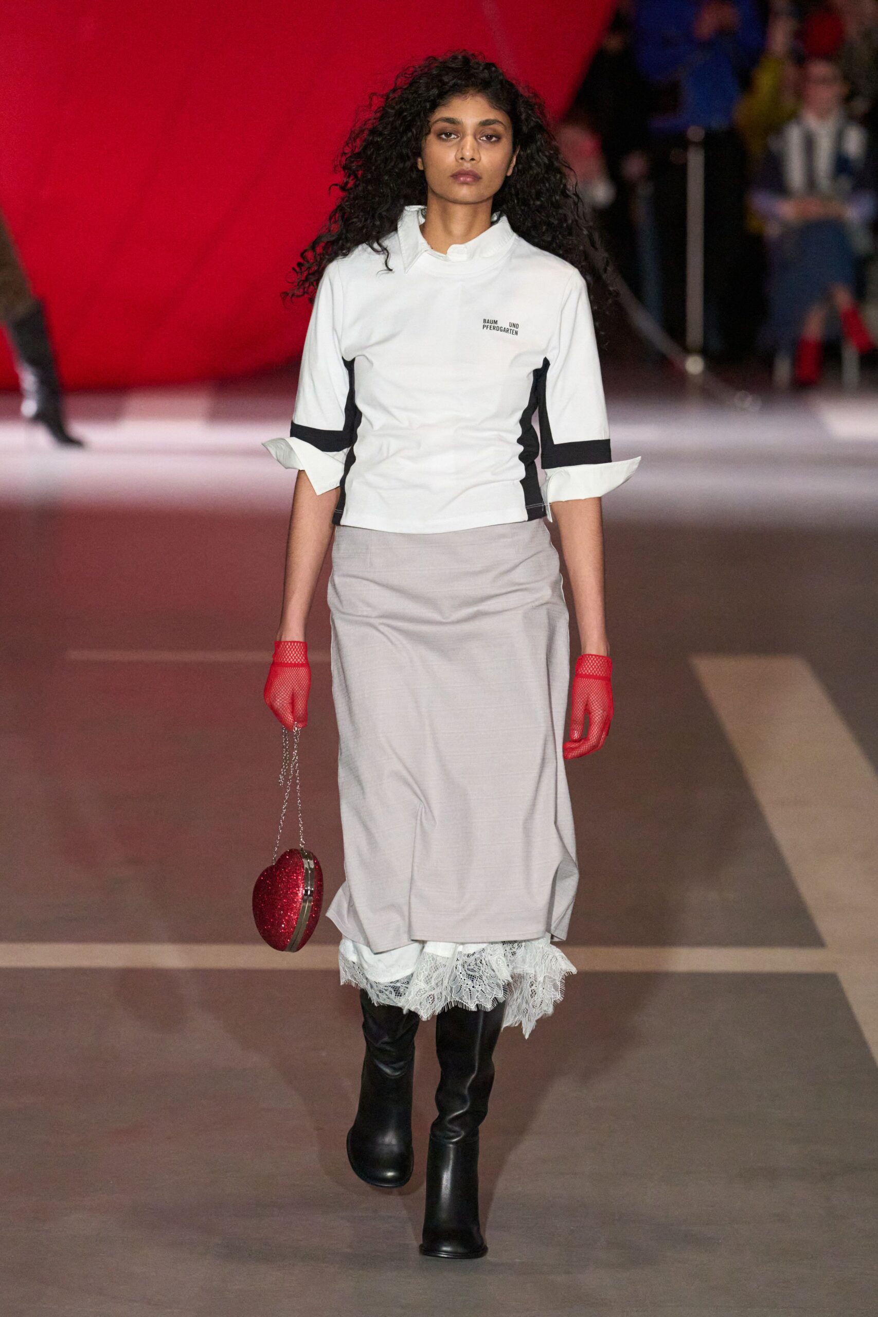 white black fitted top gray midi skirt