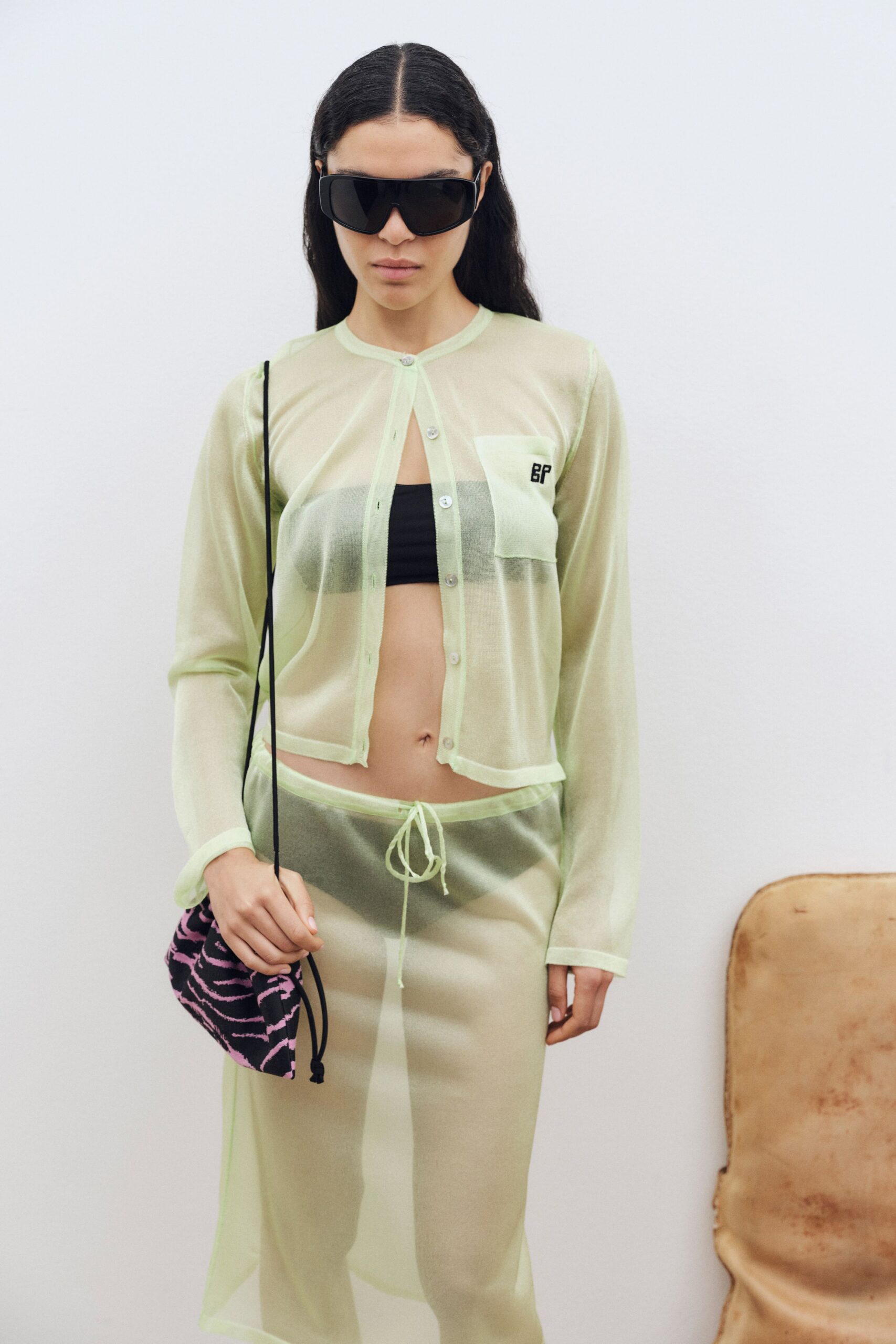 green chiffon long-sleeve relaxed sheer midi skirt