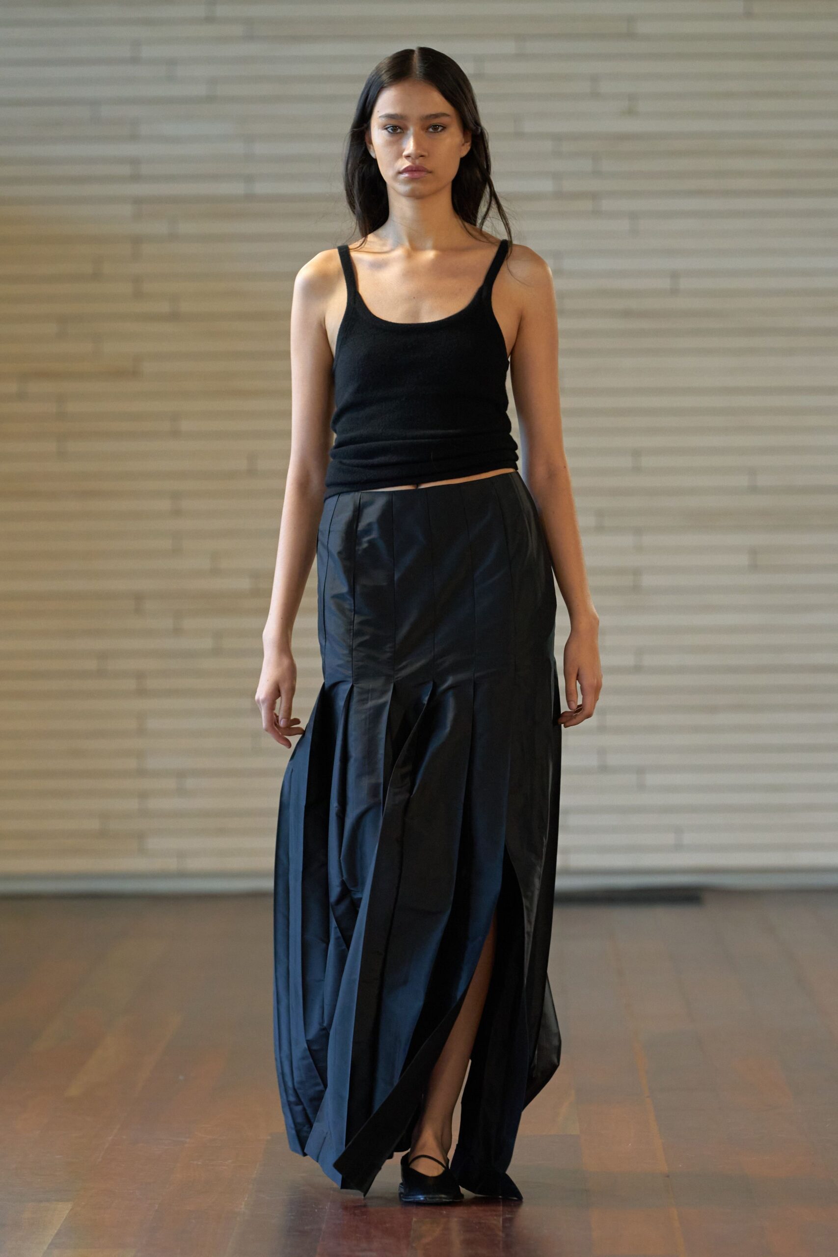 black silk slit fitted high-waisted flared maxi skirt