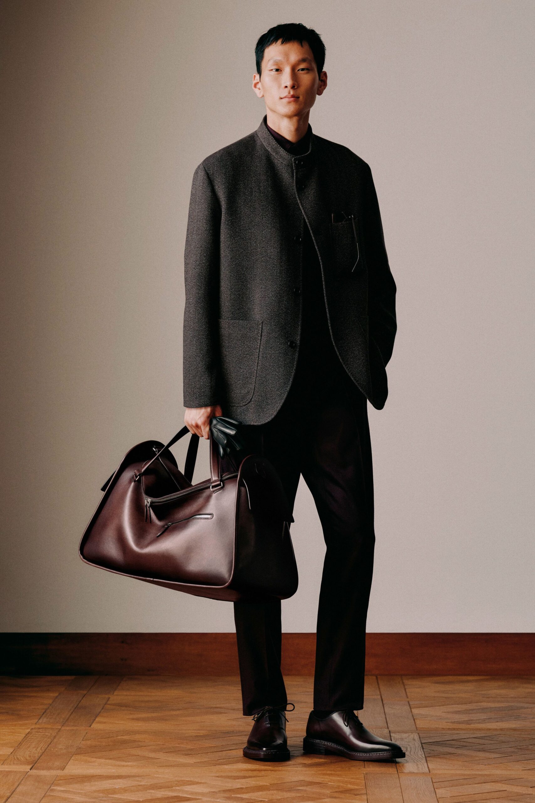 gray wool blazer with black pants