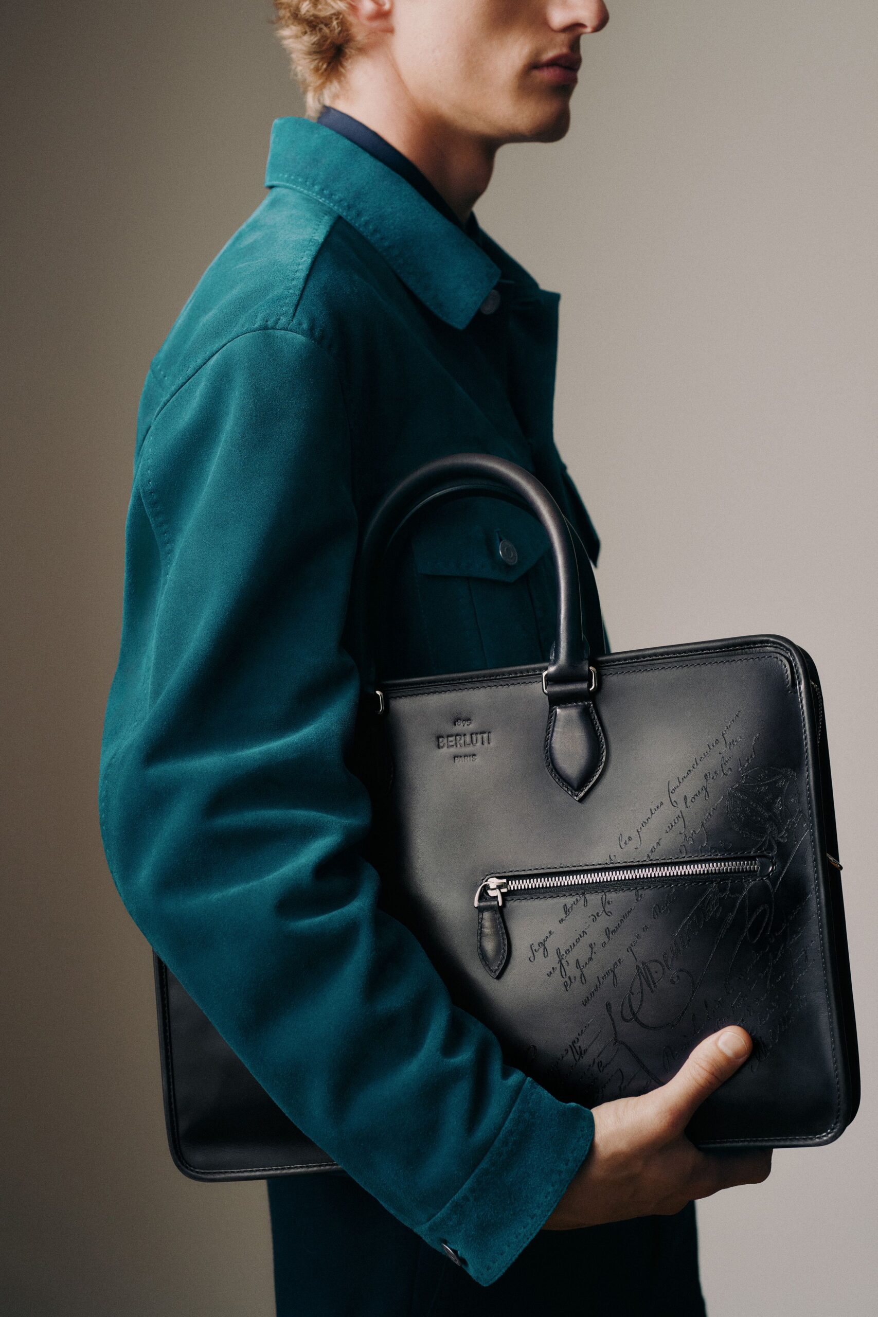 teal suede long-sleeve collared fitted jacket