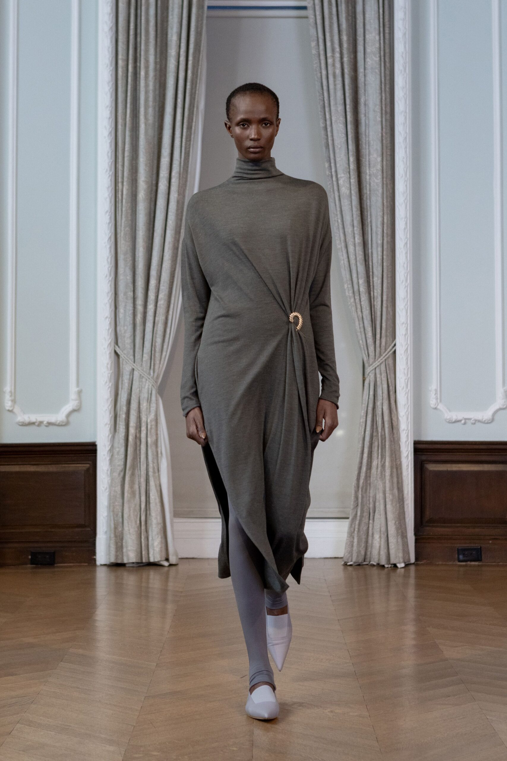 gray cotton long-sleeve high-neck fitted draped midi dress