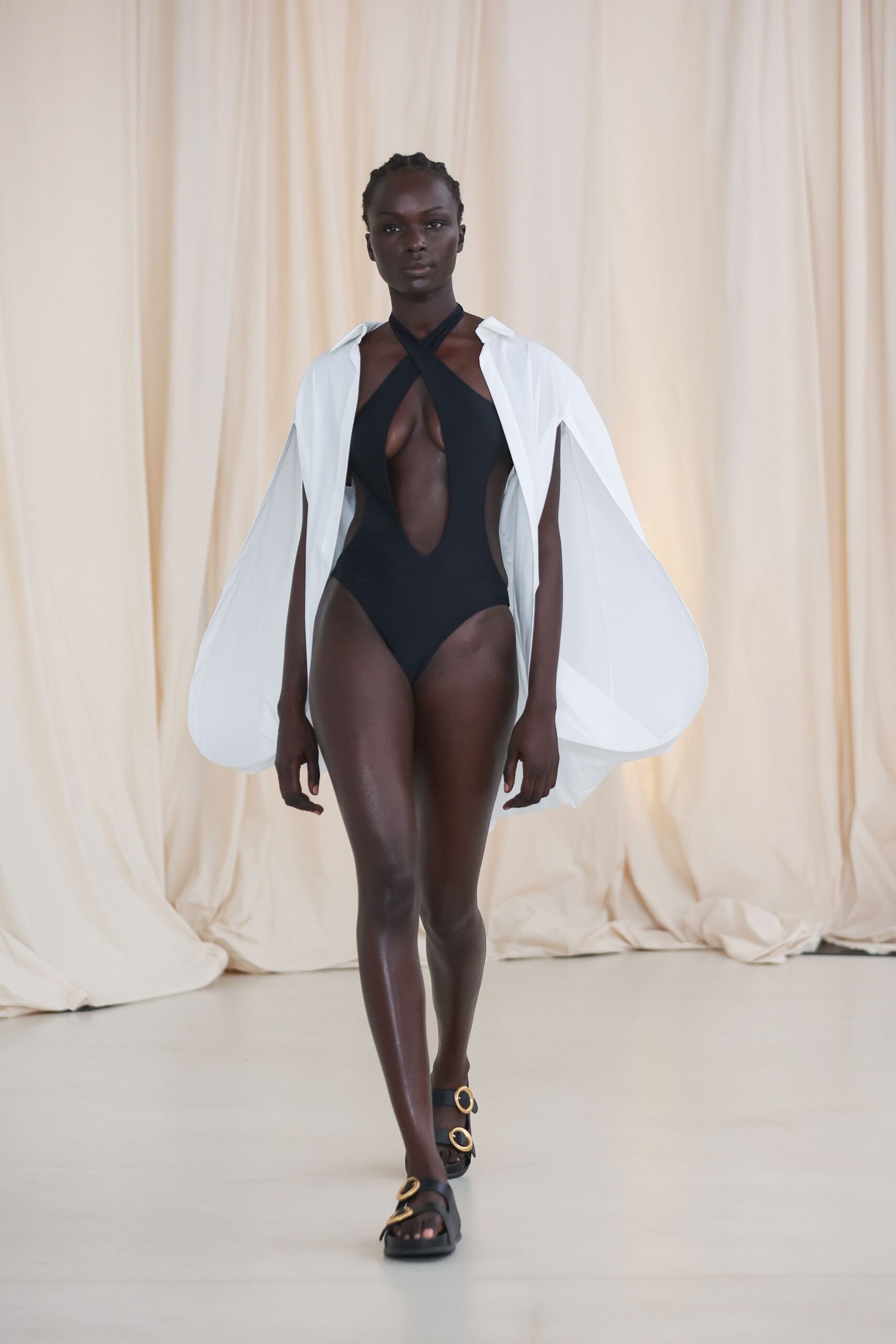white chiffon long-sleeve oversized draped layered cape