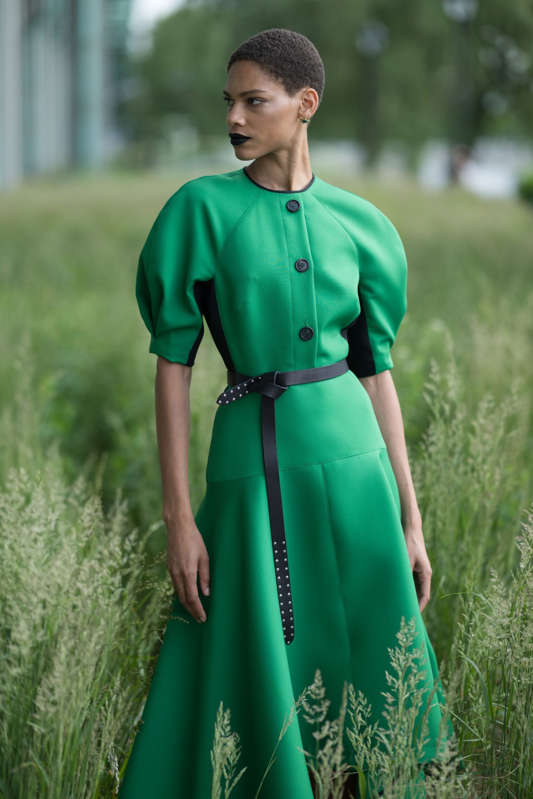 green belted midi dress