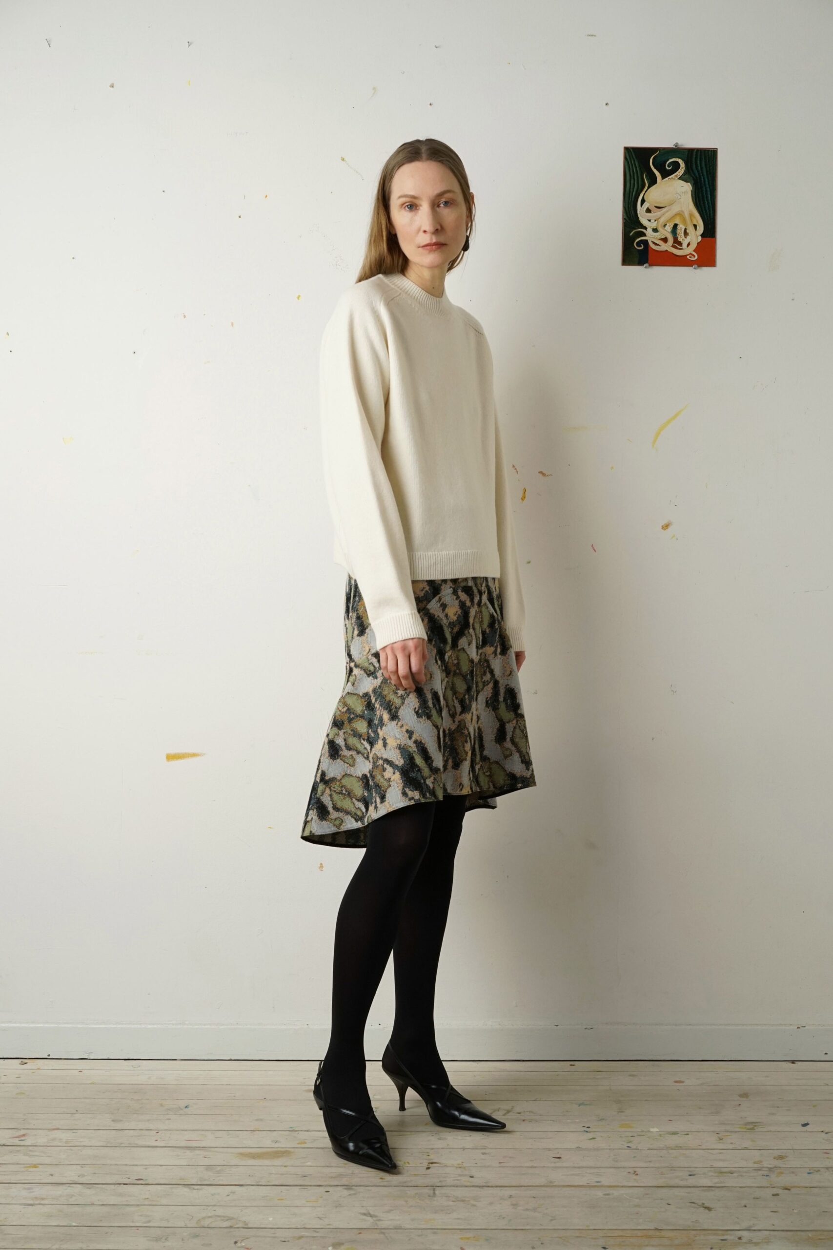 white cropped sweater multi flared skirt