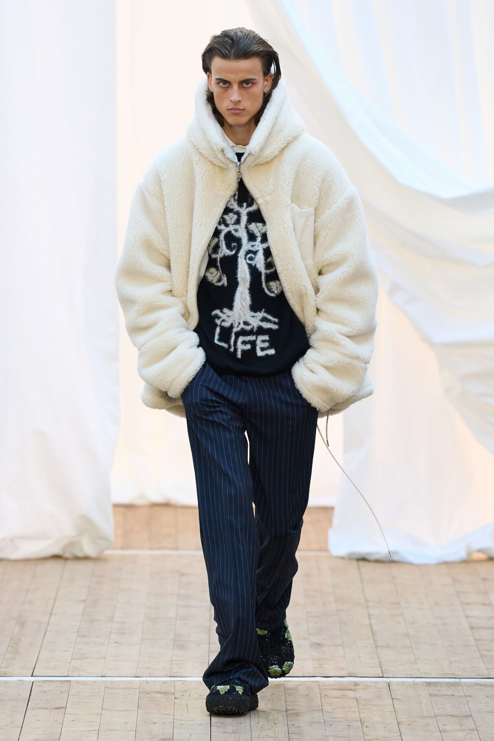 oversized white faux-fur jacket