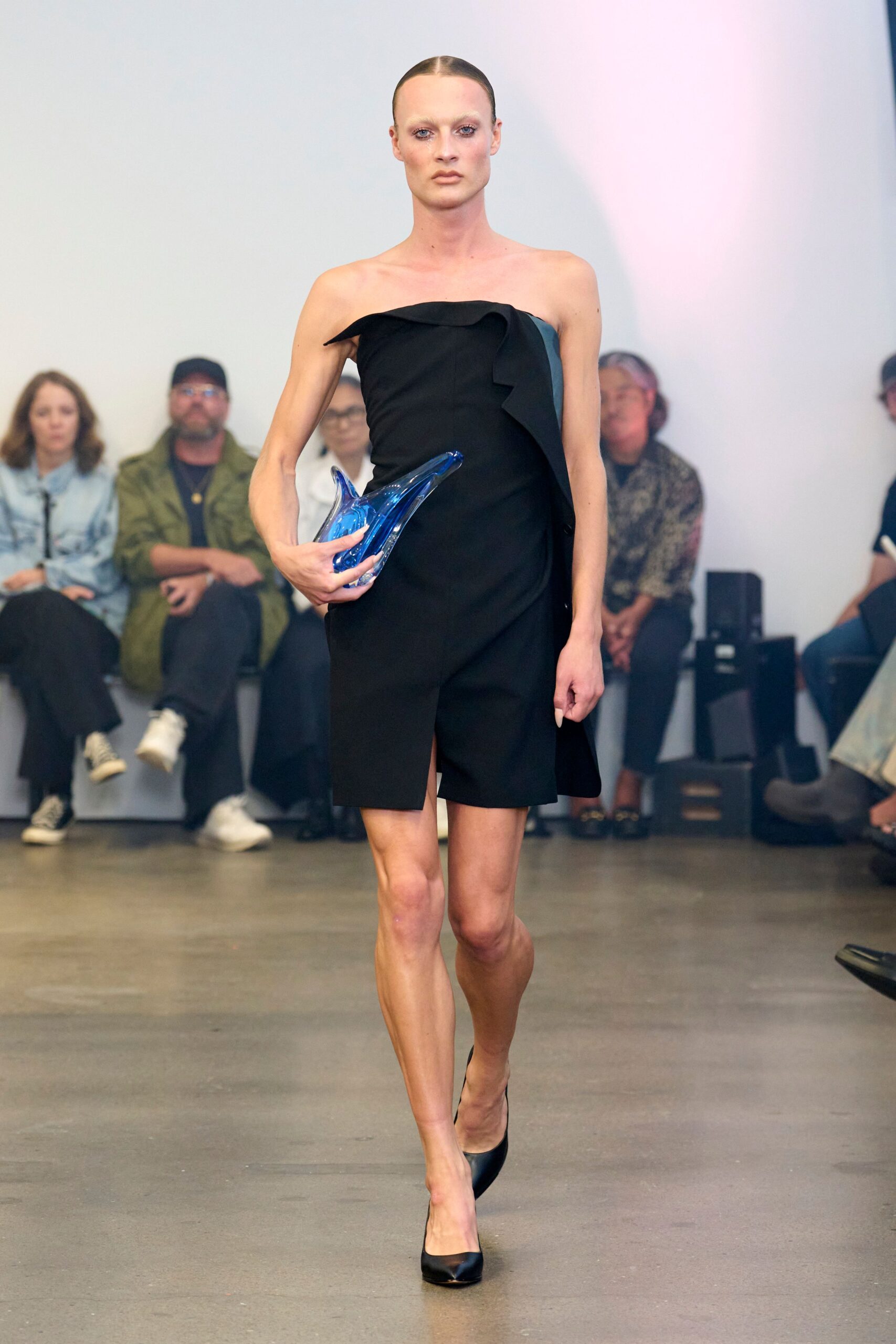 black wool strapless slit fitted draped layered dress