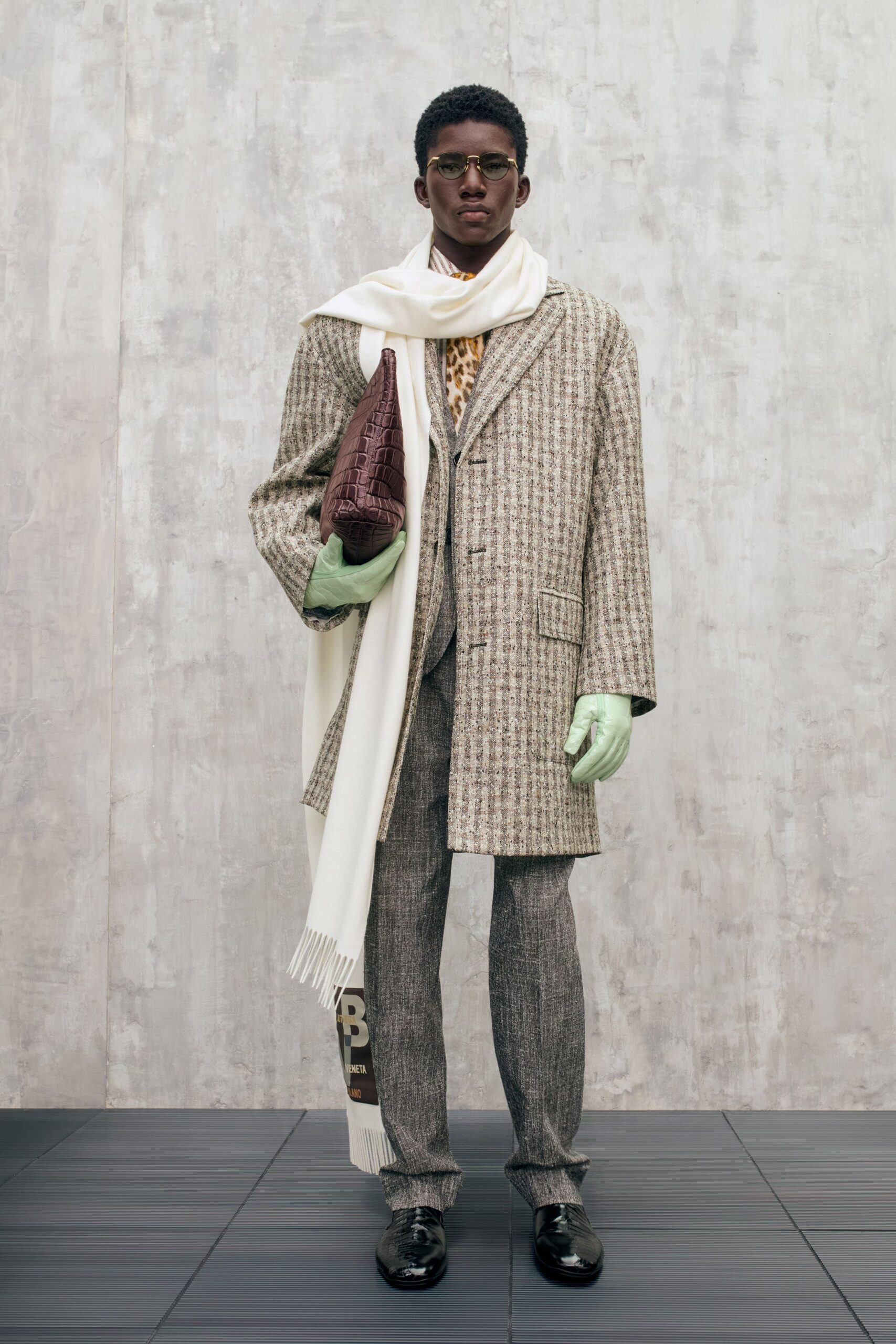 beige wool coat with gray pants