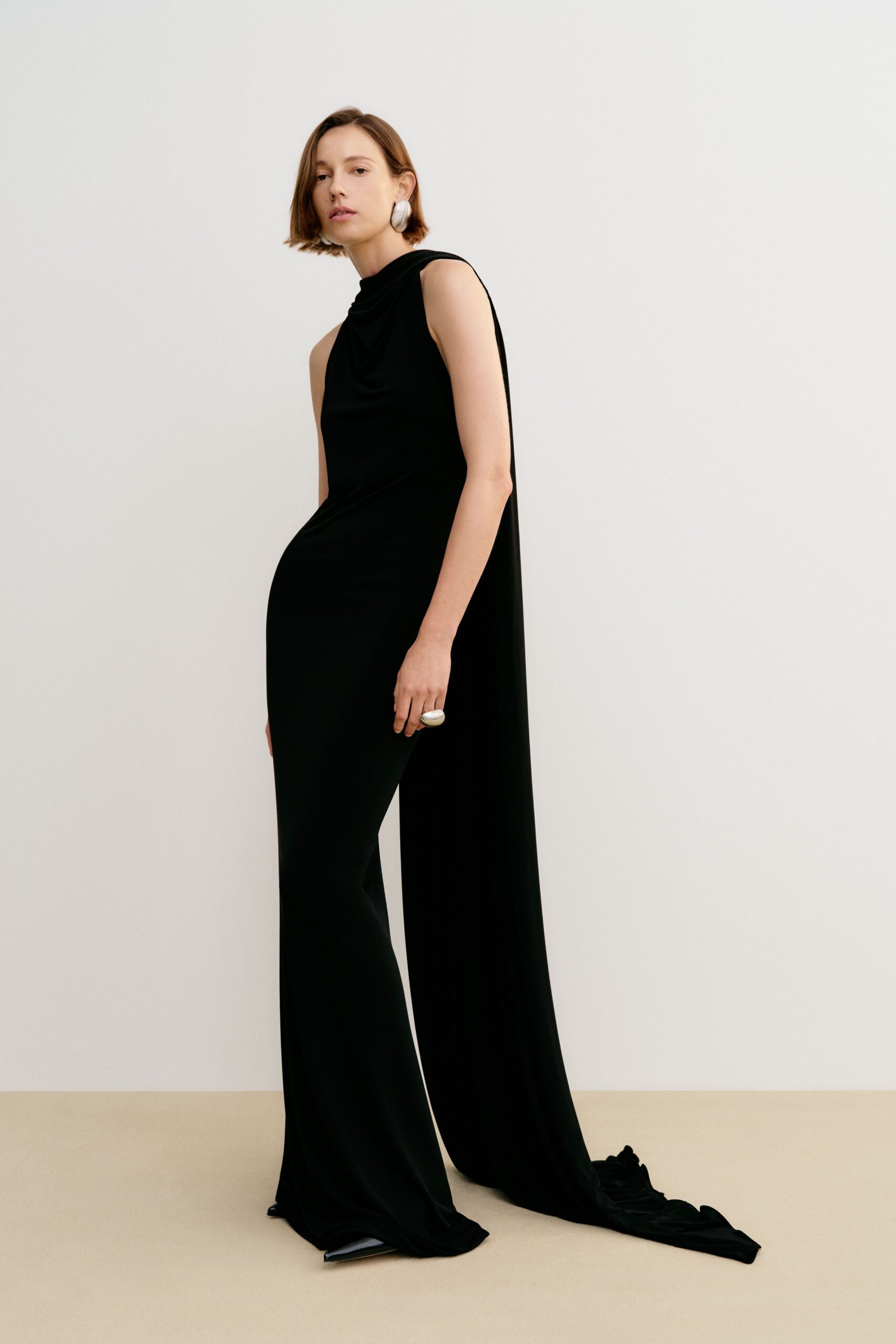 black silk sleeveless high-neck structured draped wide-leg jumpsuit