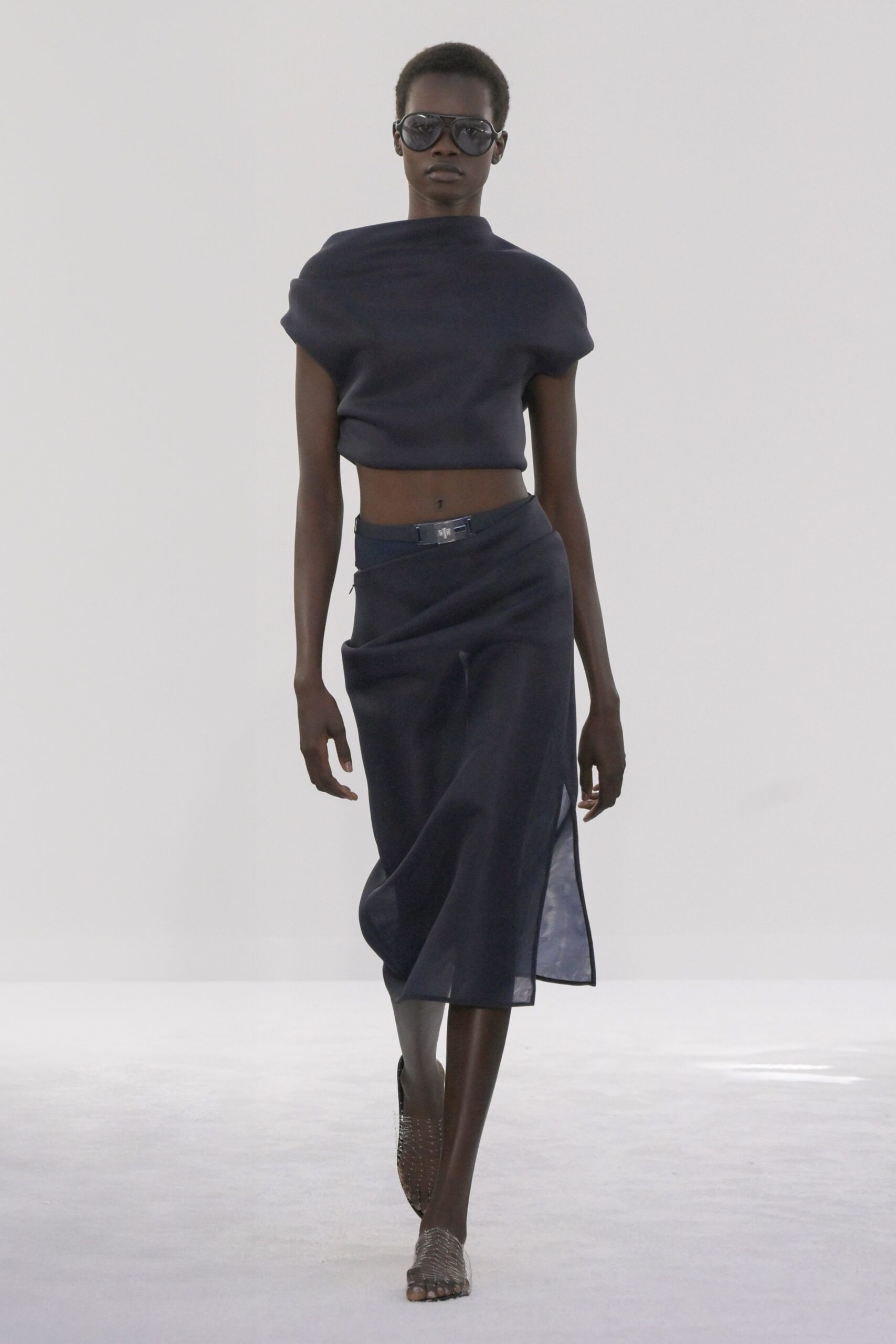 black cropped top and midi skirt