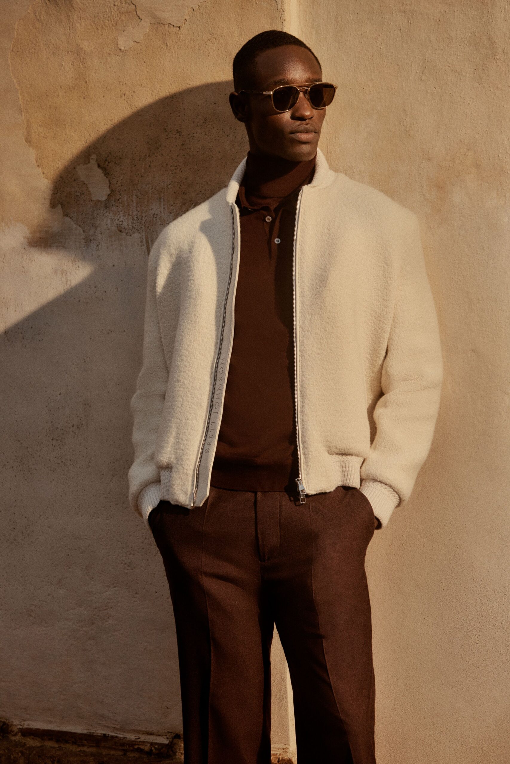 beige wool long-sleeve collared relaxed zippered jacket