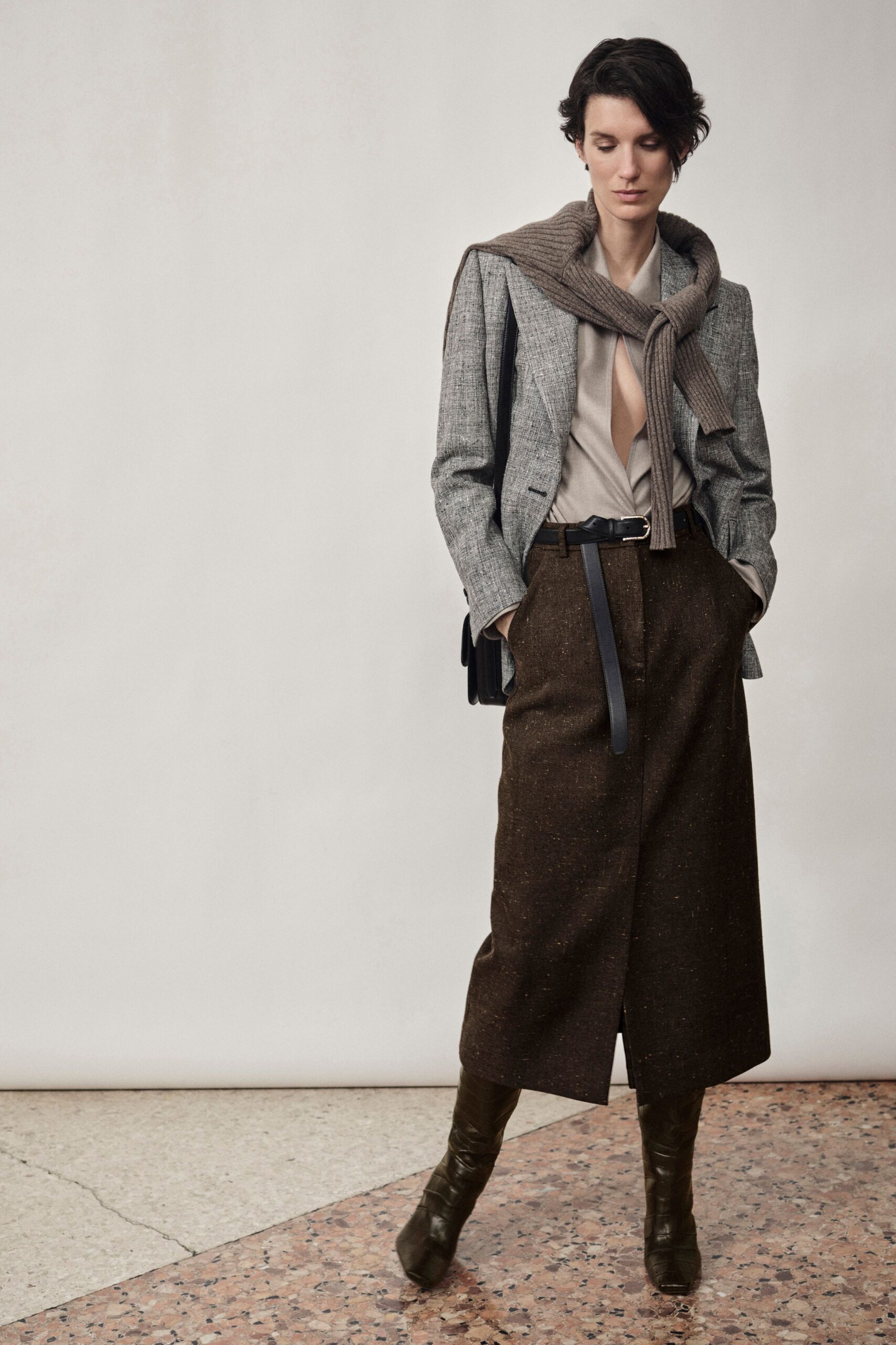 brown wool slit relaxed high-waisted midi skirt