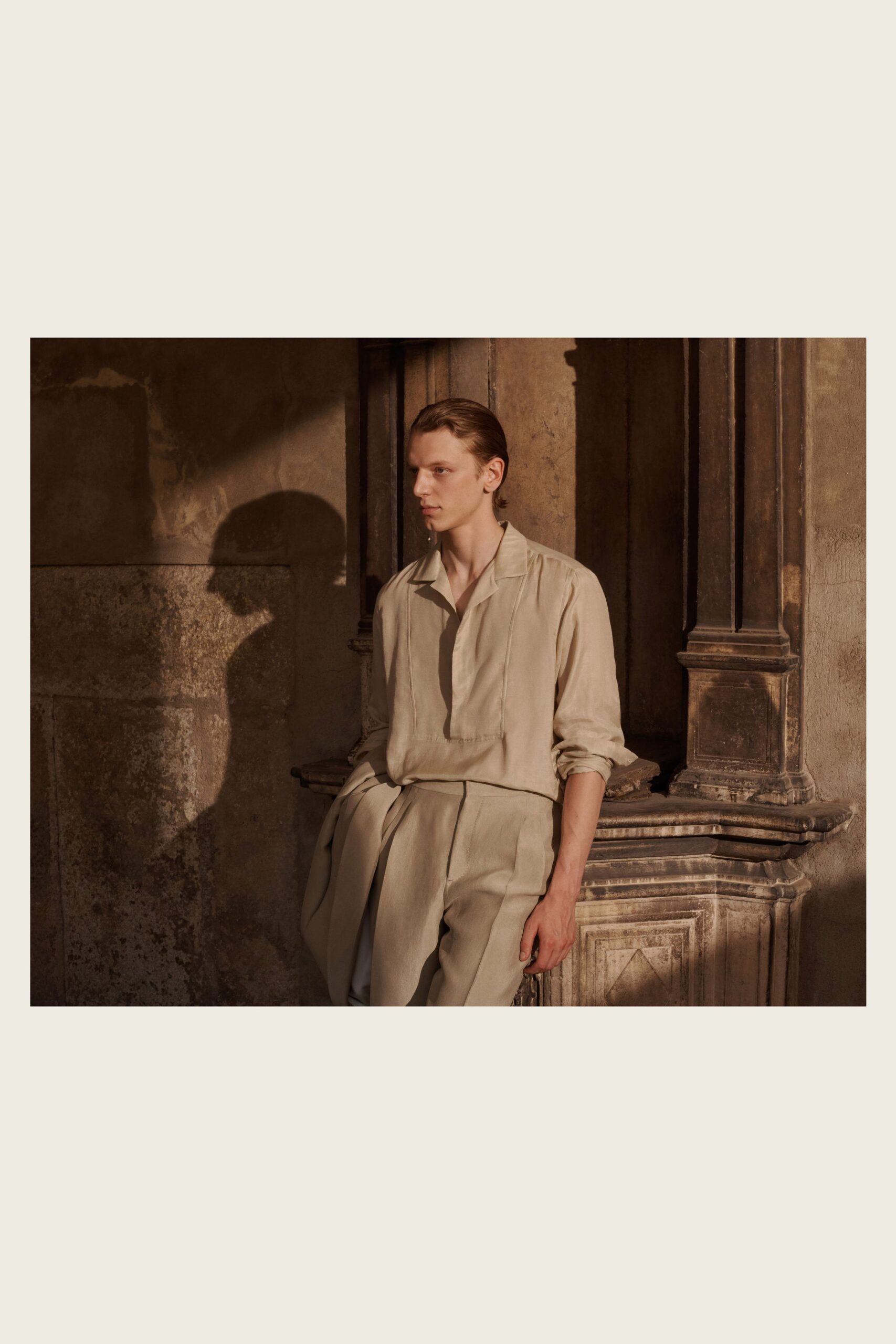 beige silk long-sleeve collared relaxed draped shirt