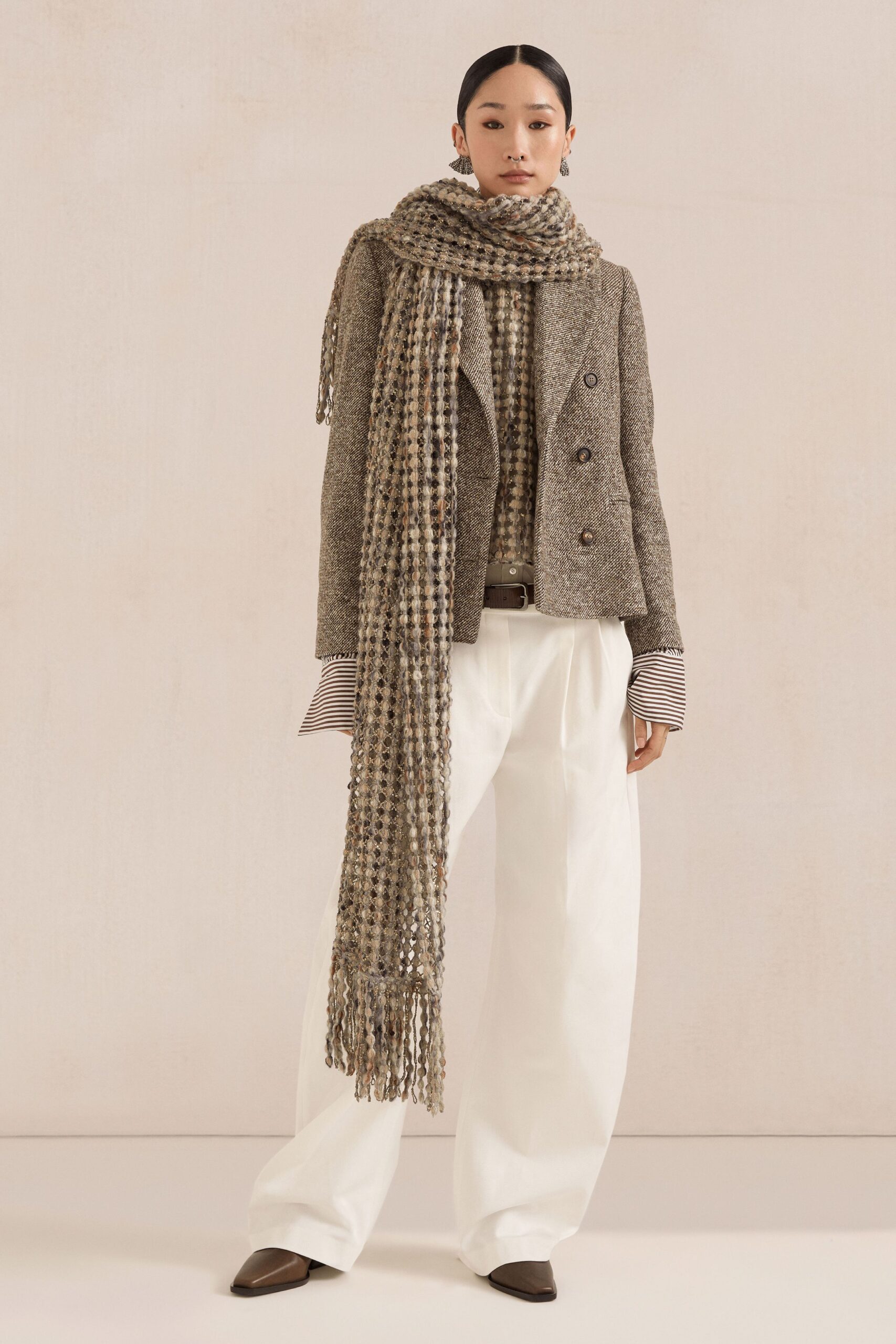 beige wool fringed scarf