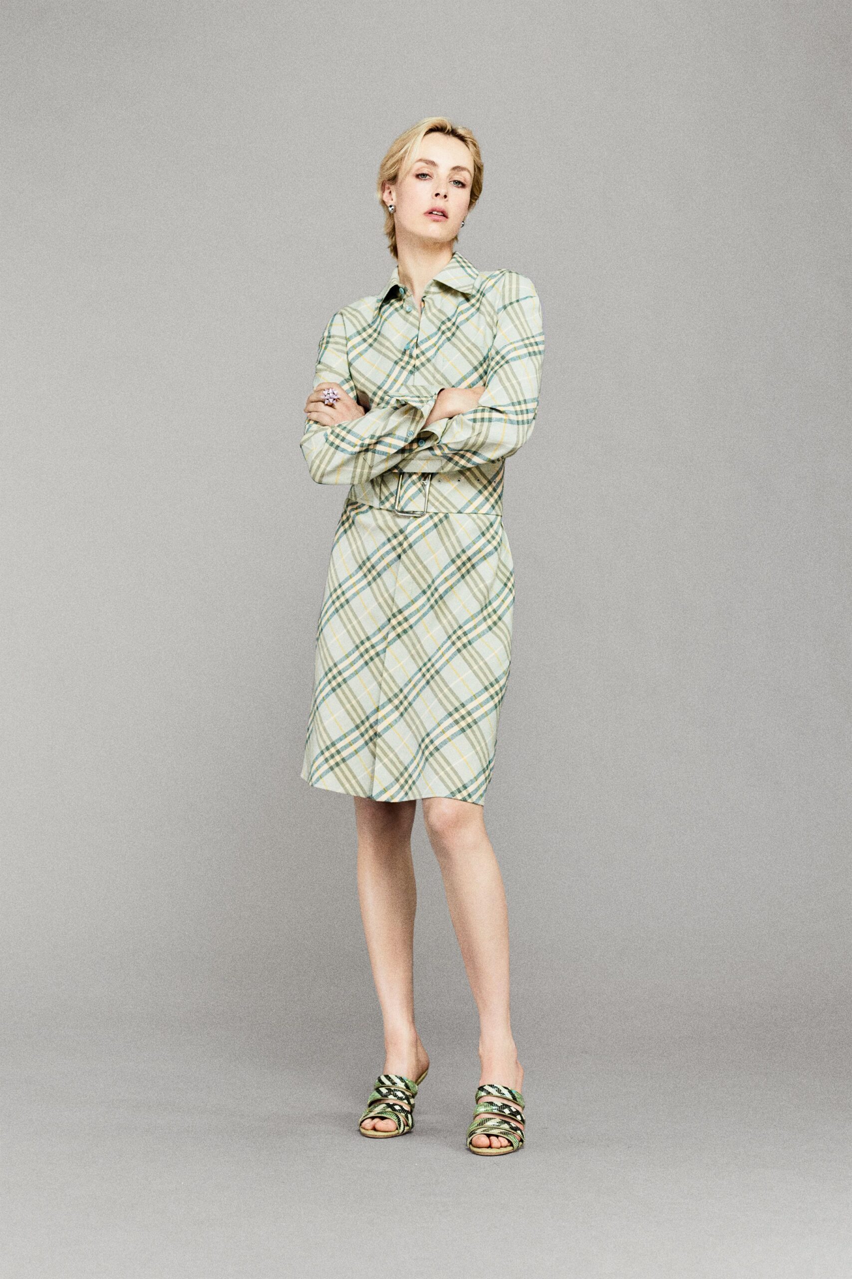 green checked shirt-dress with strappy shoes