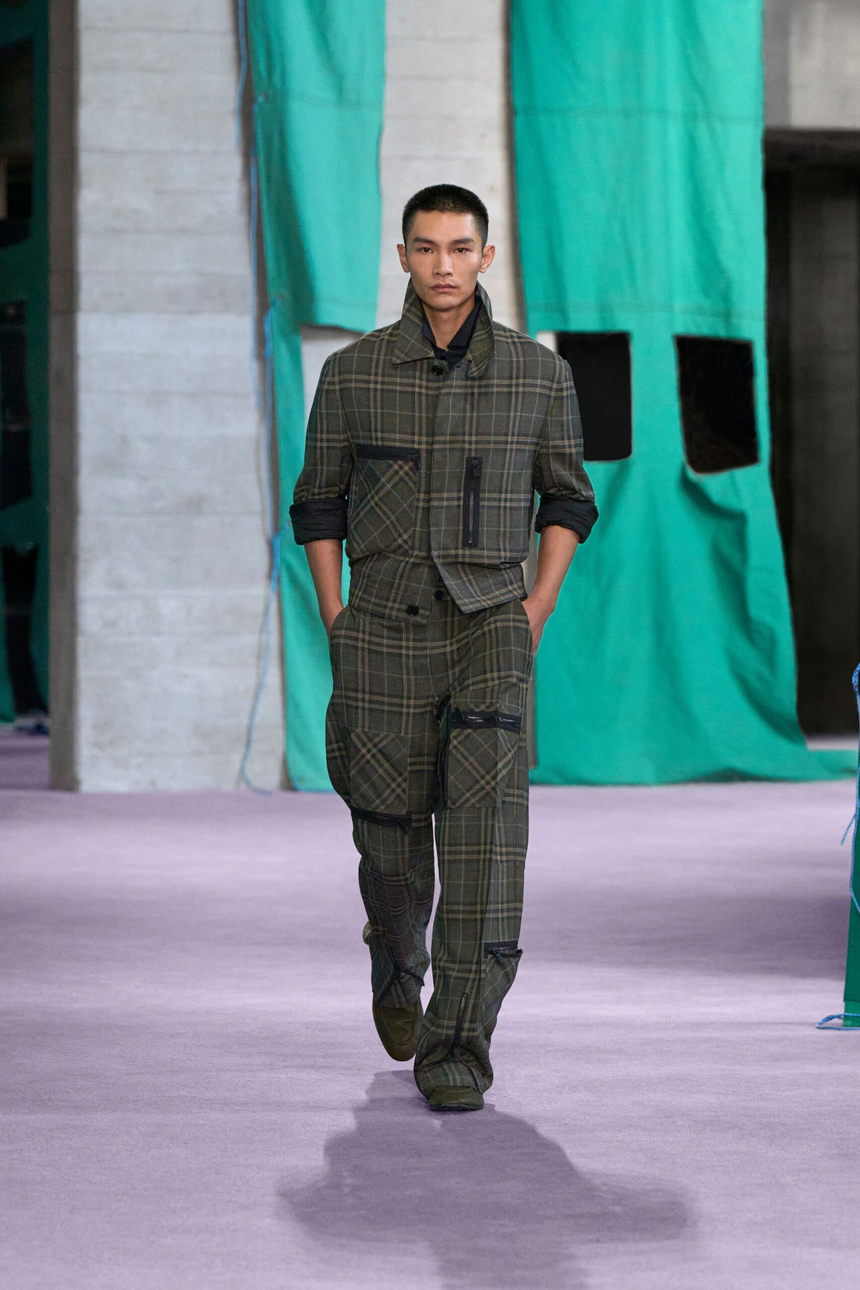 green checked jacket with cargo pants