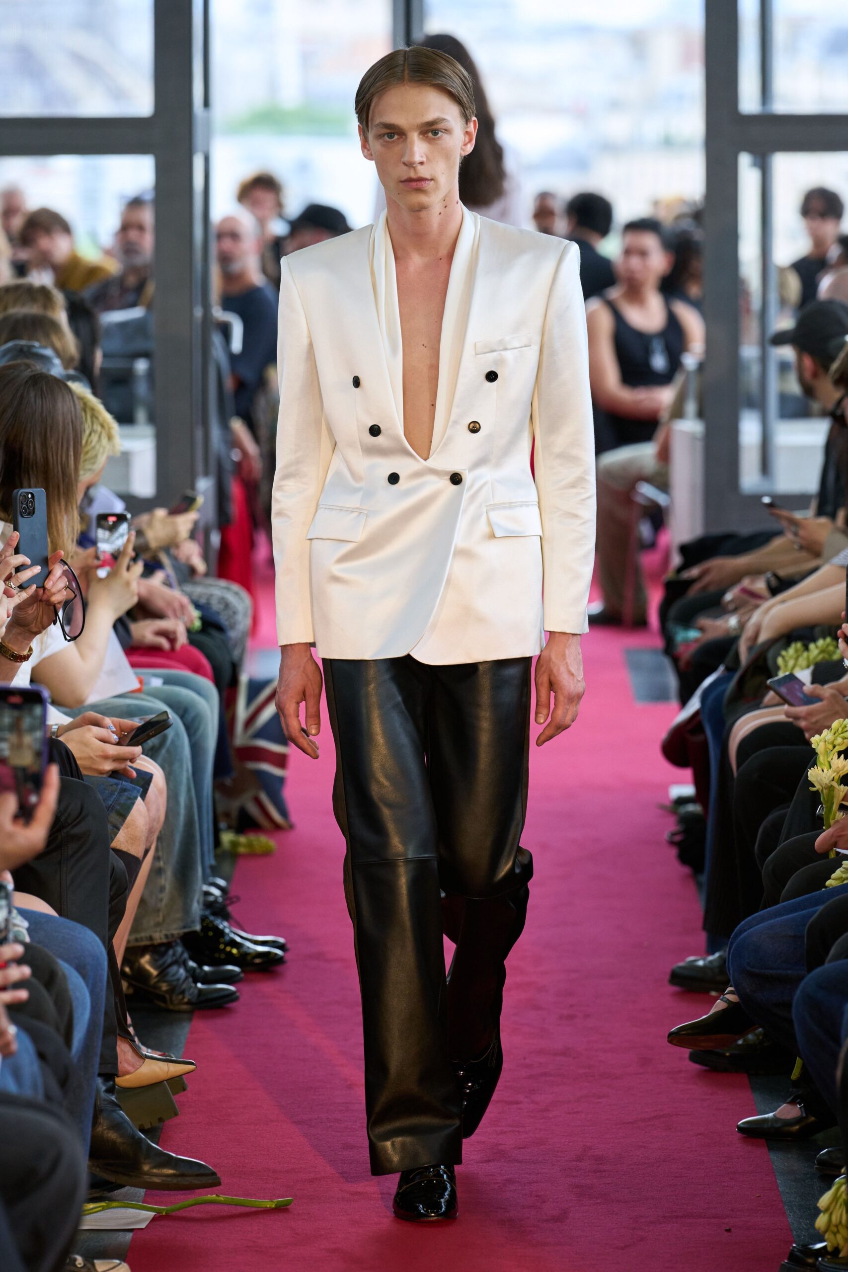 white silk long-sleeve v-neck tailored blazer