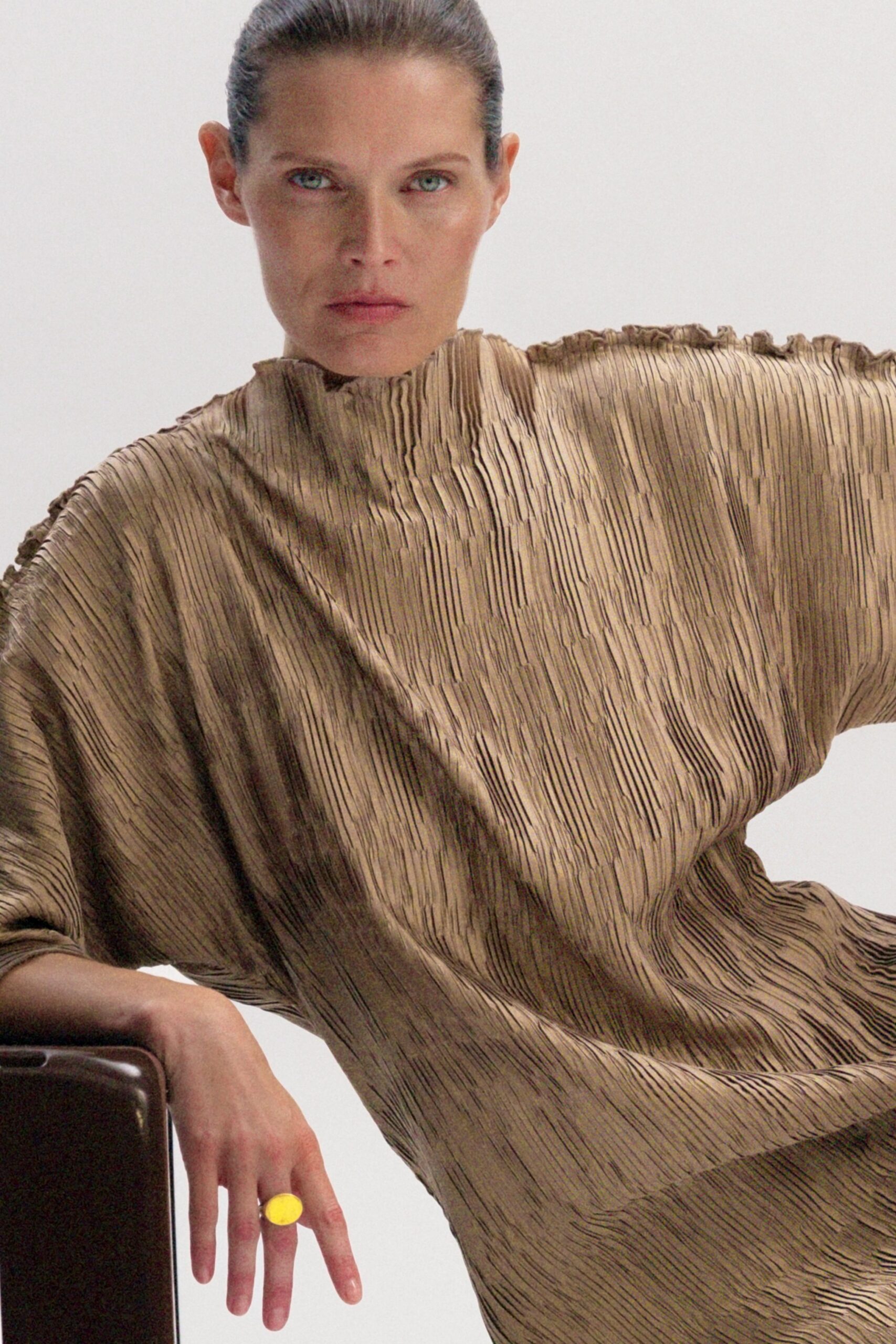 beige pleated relaxed dress