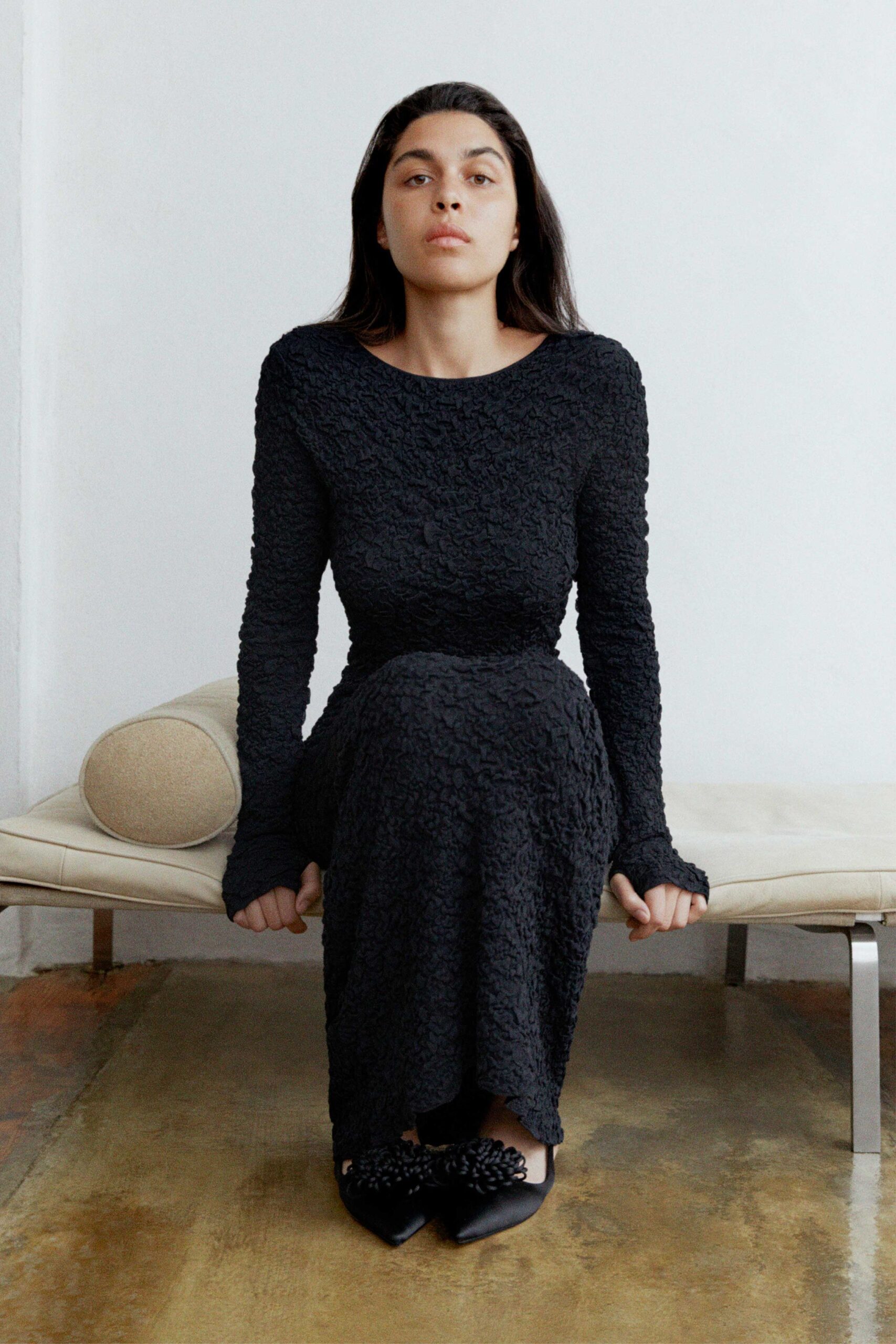 black textured midi dress