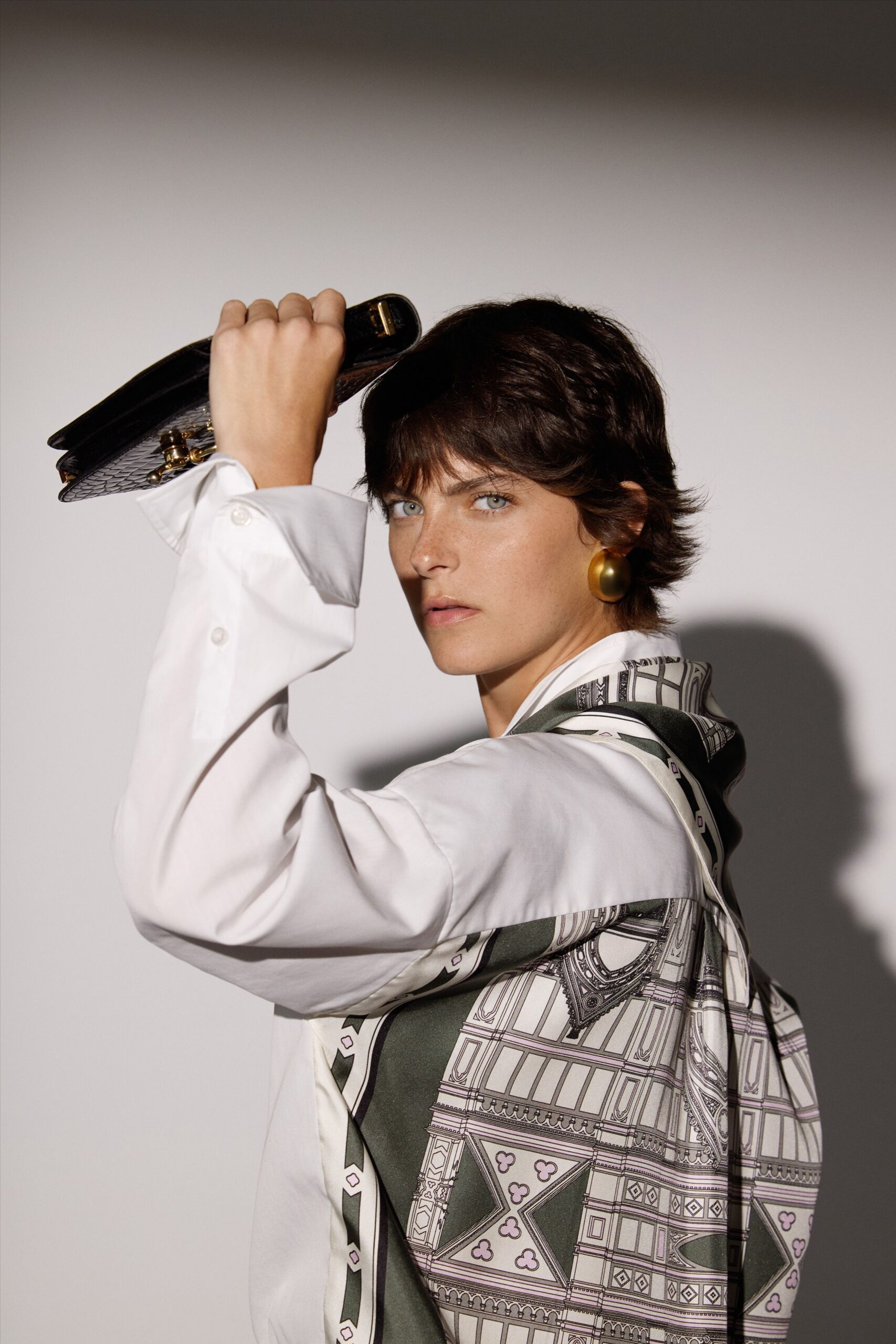 white relaxed shirt with printed scarf