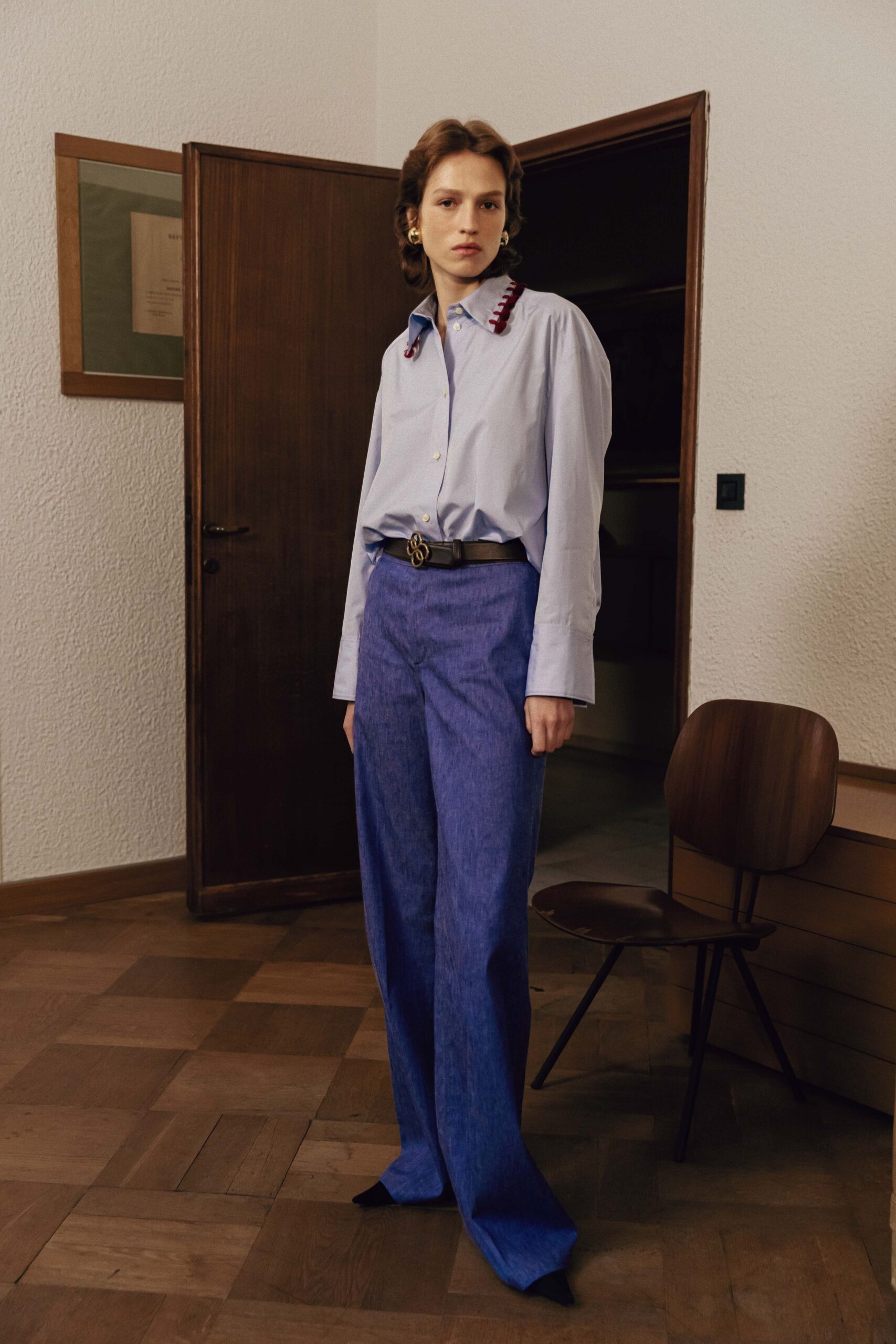 blue denim tailored high-waisted straight-leg pants