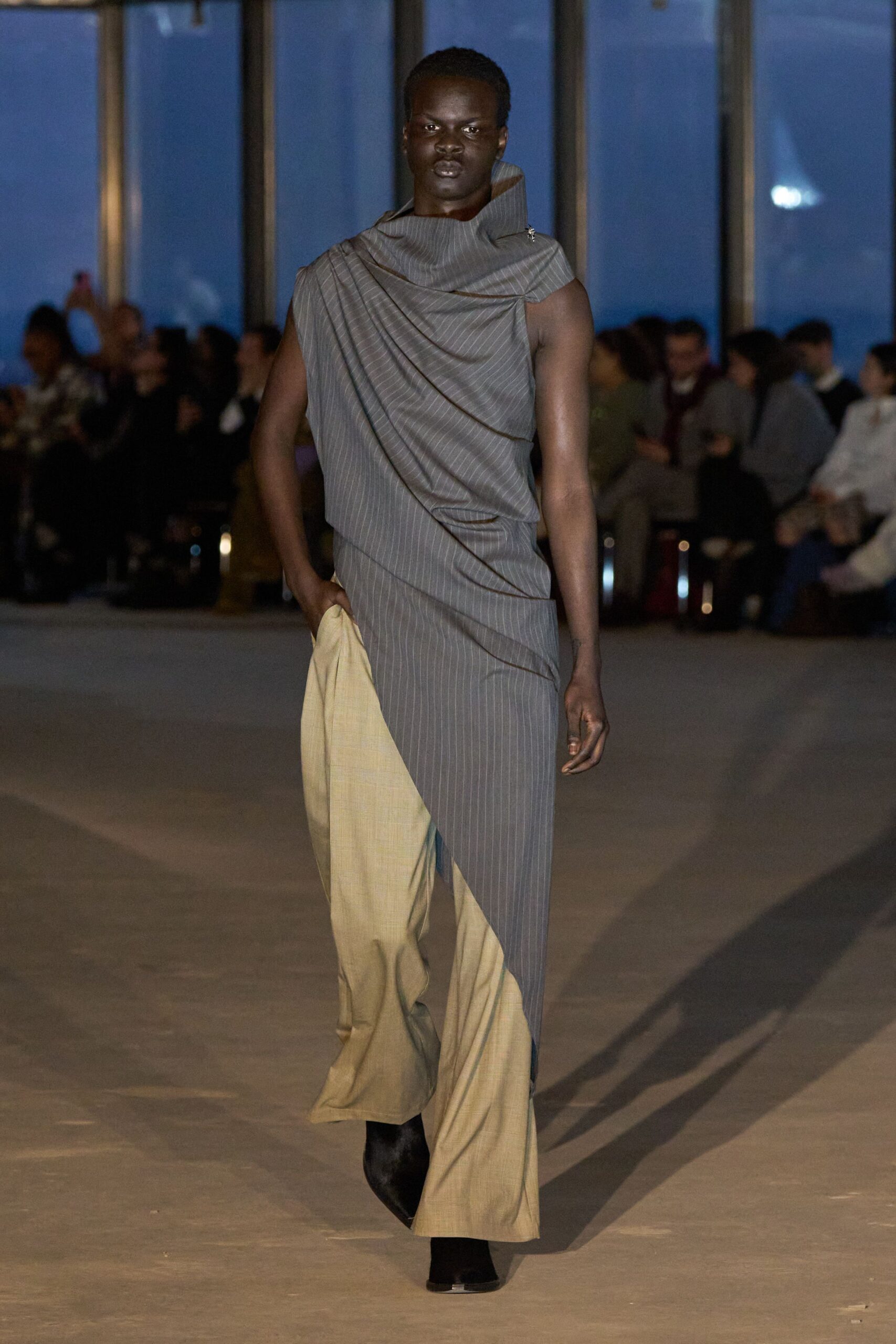 gray cotton sleeveless asymmetric fitted draped midi dress
