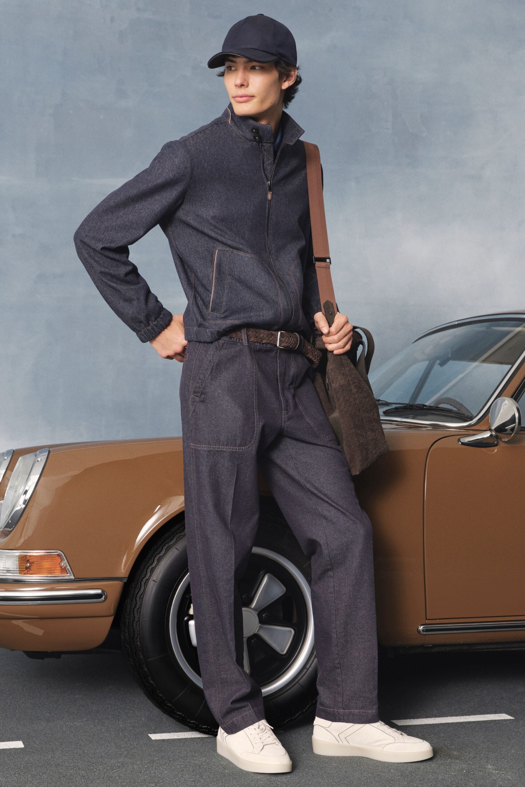 blue denim long-sleeve high-neck structured zippered pockets jacket