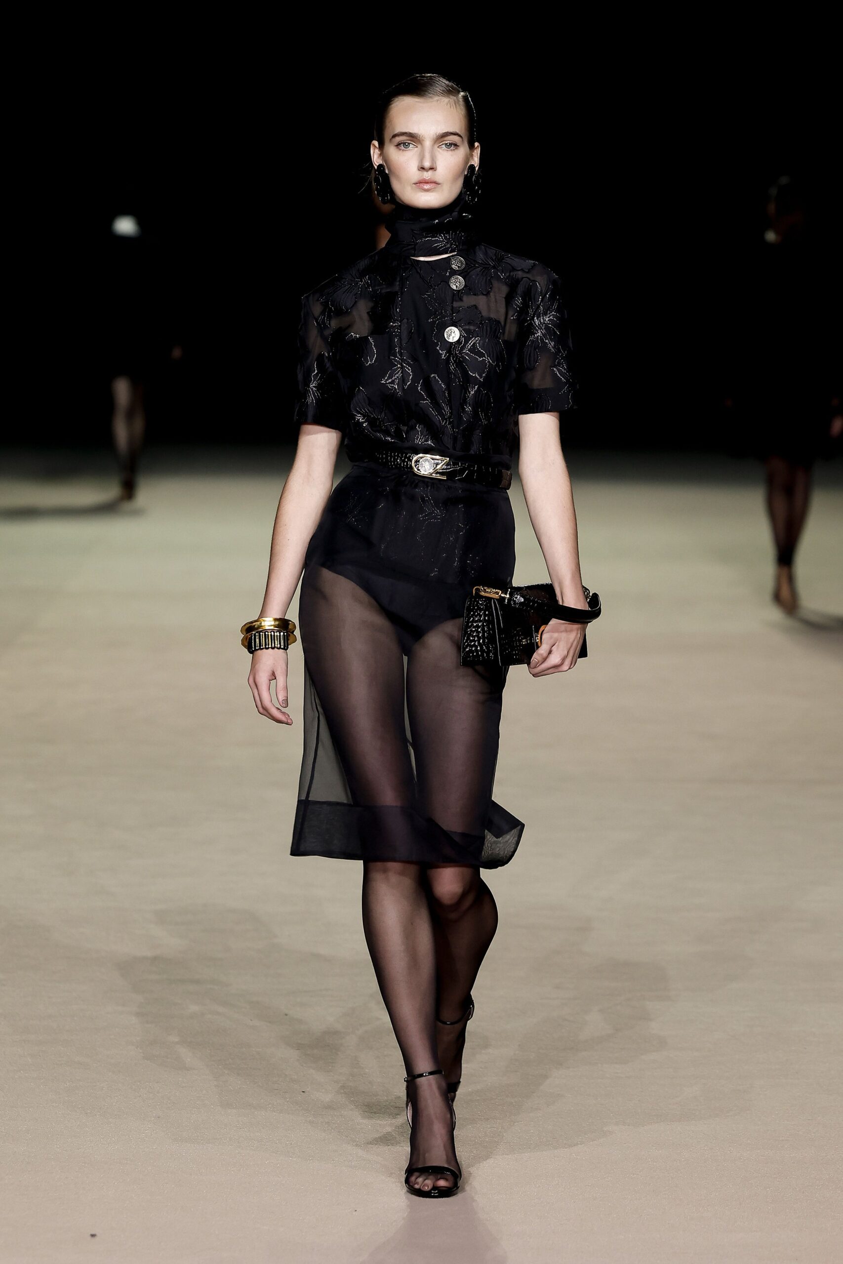 black silk short-sleeve high-neck fitted buttoned dress
