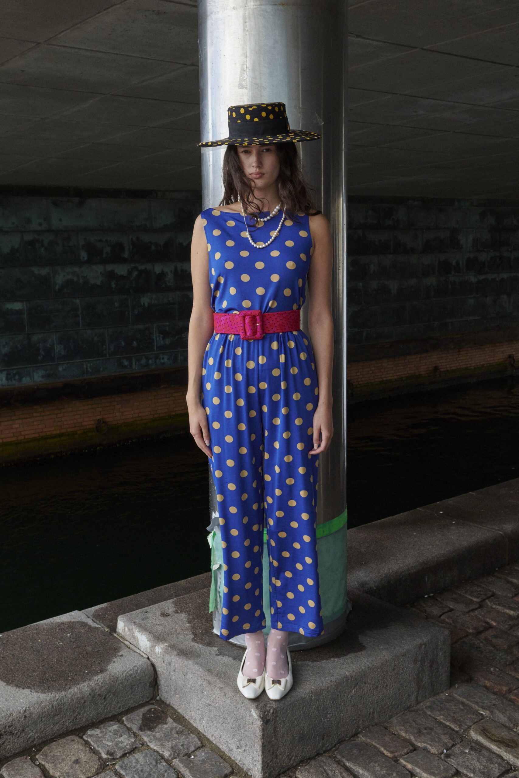 blue silk sleeveless relaxed polka-dot belted maxi jumpsuit