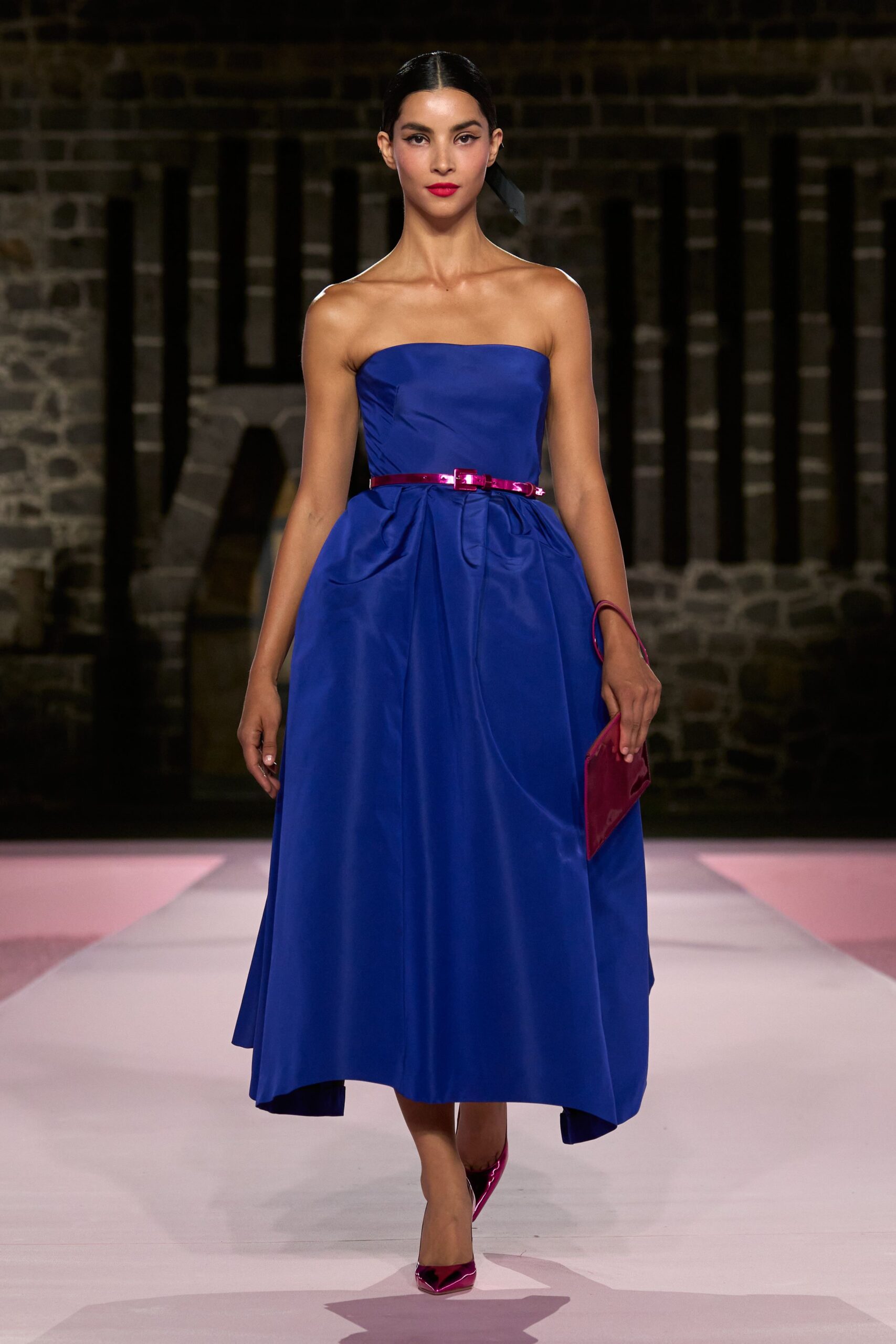 blue silk strapless fitted pleated midi dress