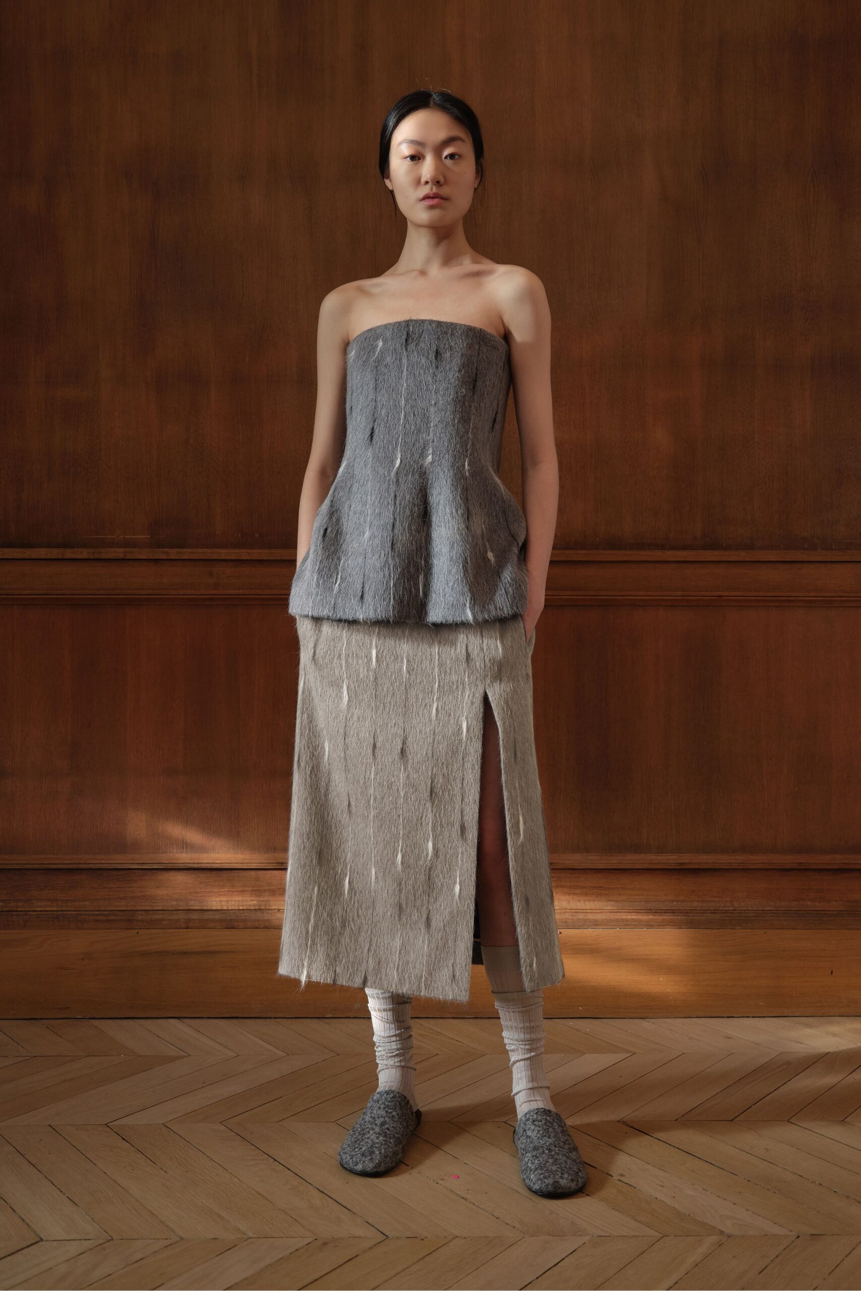 gray cotton slit fitted straight-leg midi skirt