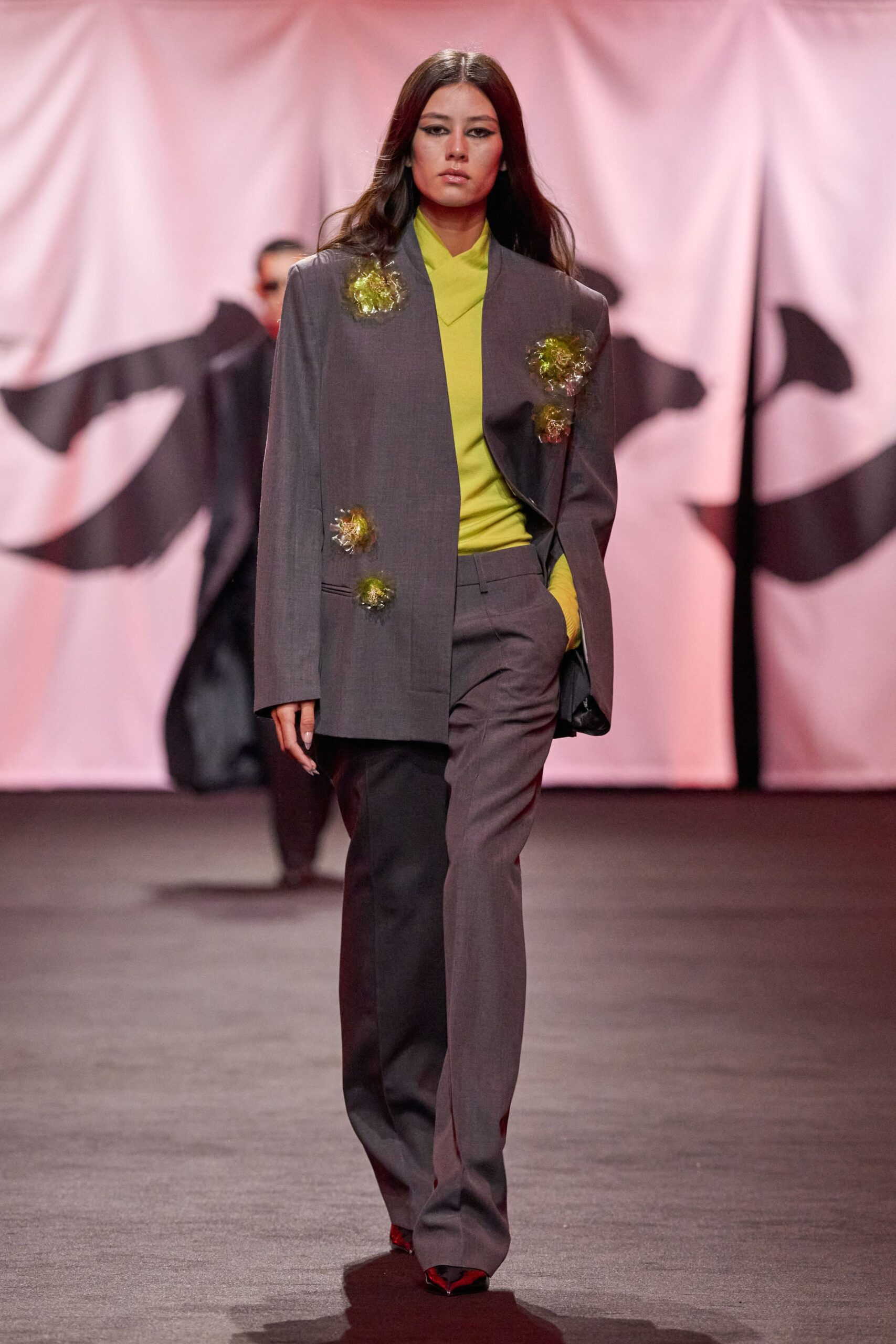 gray tailored blazer with green top