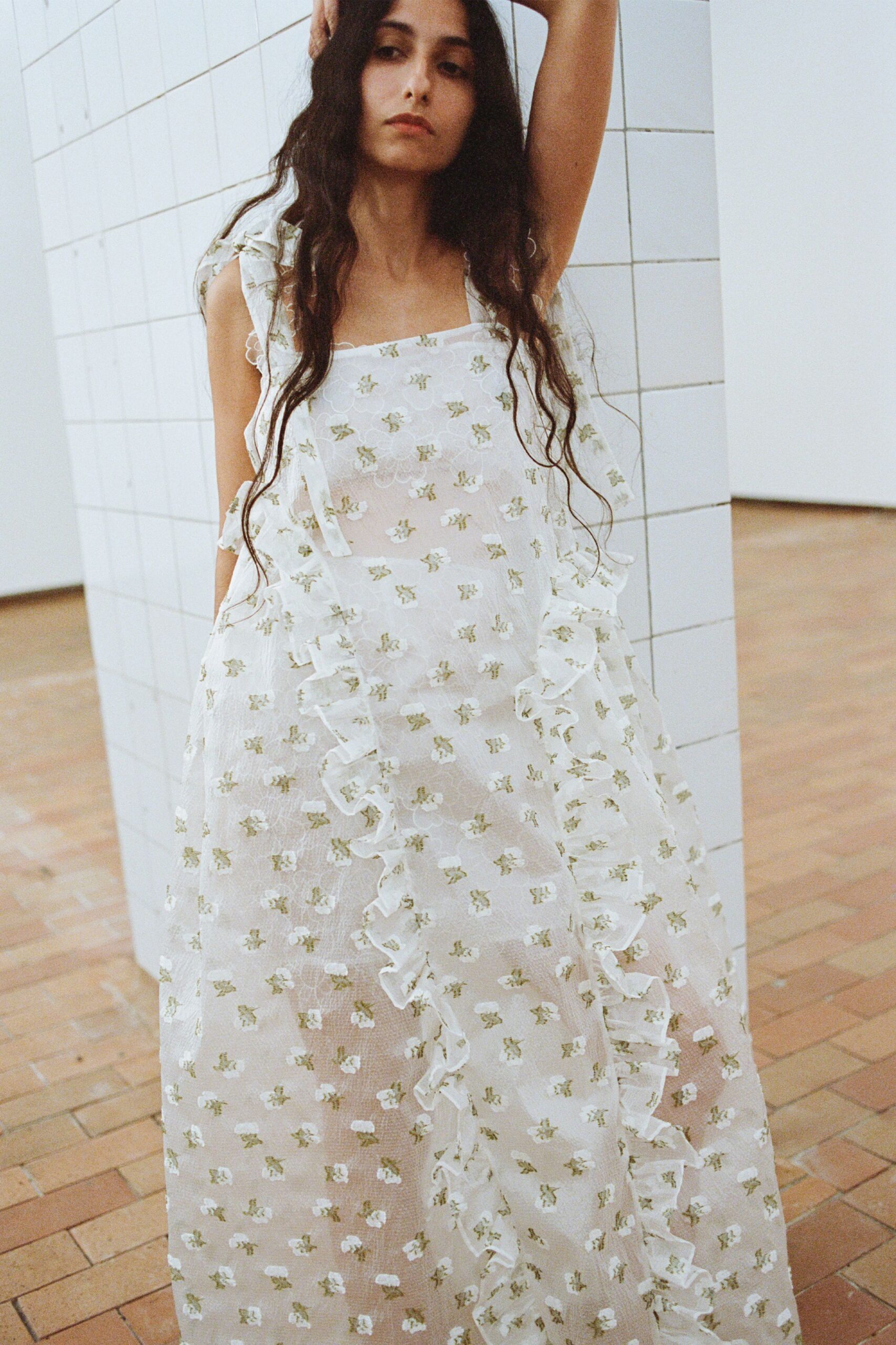 white ruffled embroidered maxi dress