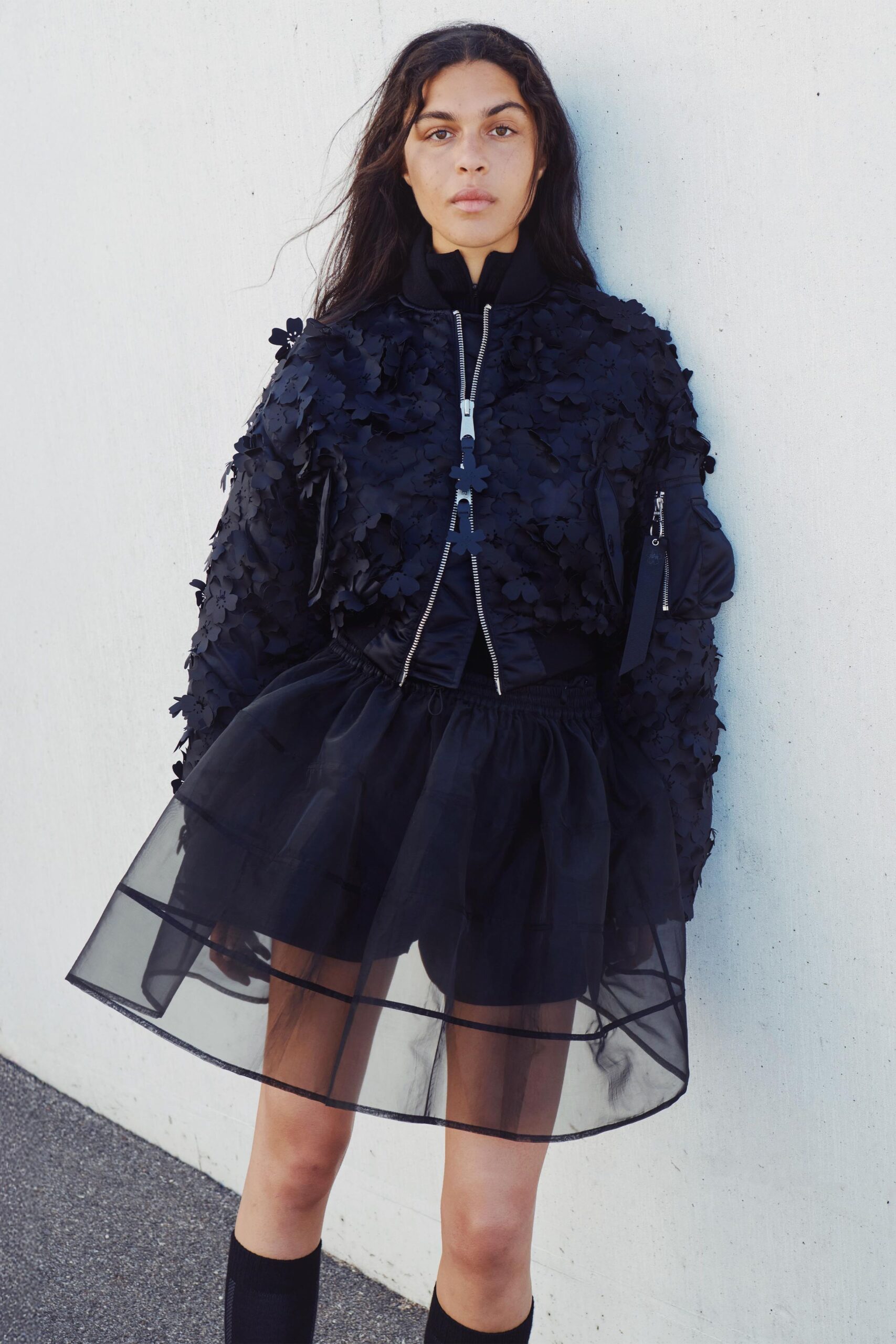 black mesh high-neck relaxed layered a-line skirt