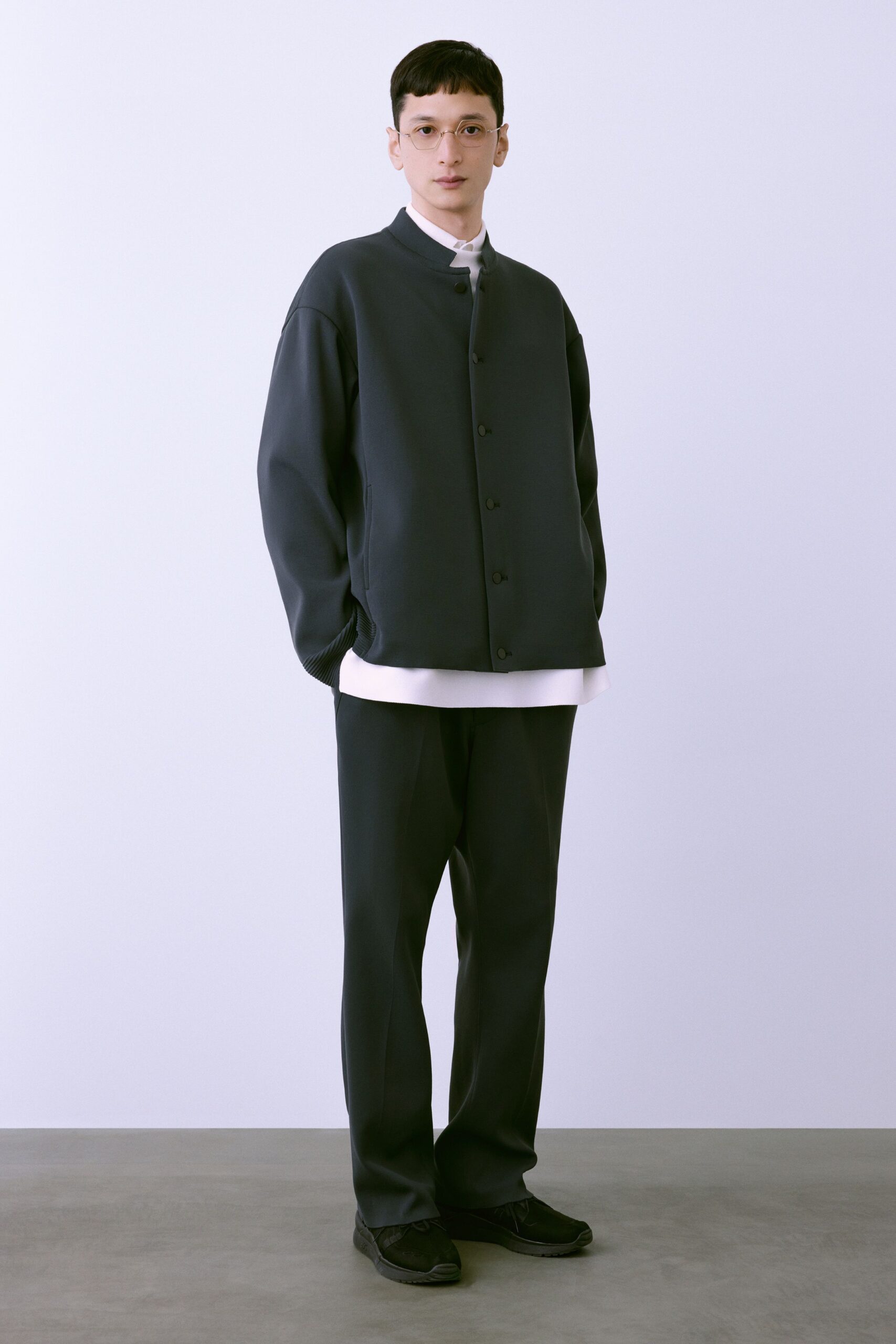 gray relaxed jacket with white shirt