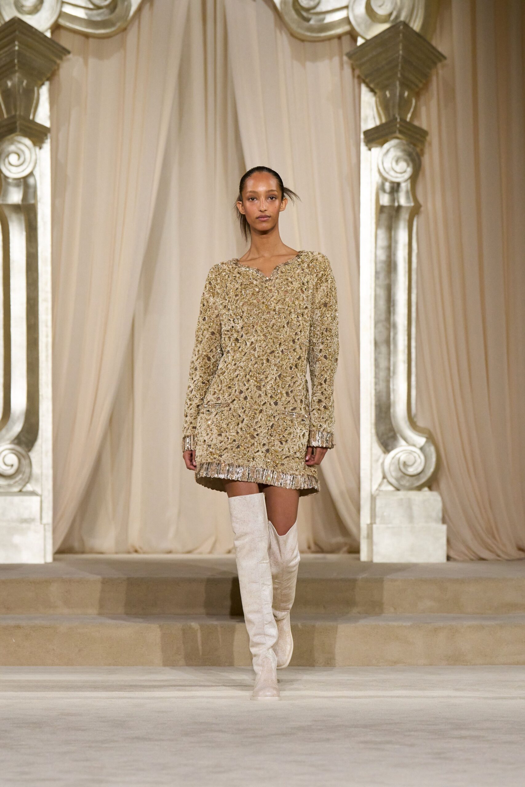 gold silk long-sleeve collared fitted embroidered fringed dress