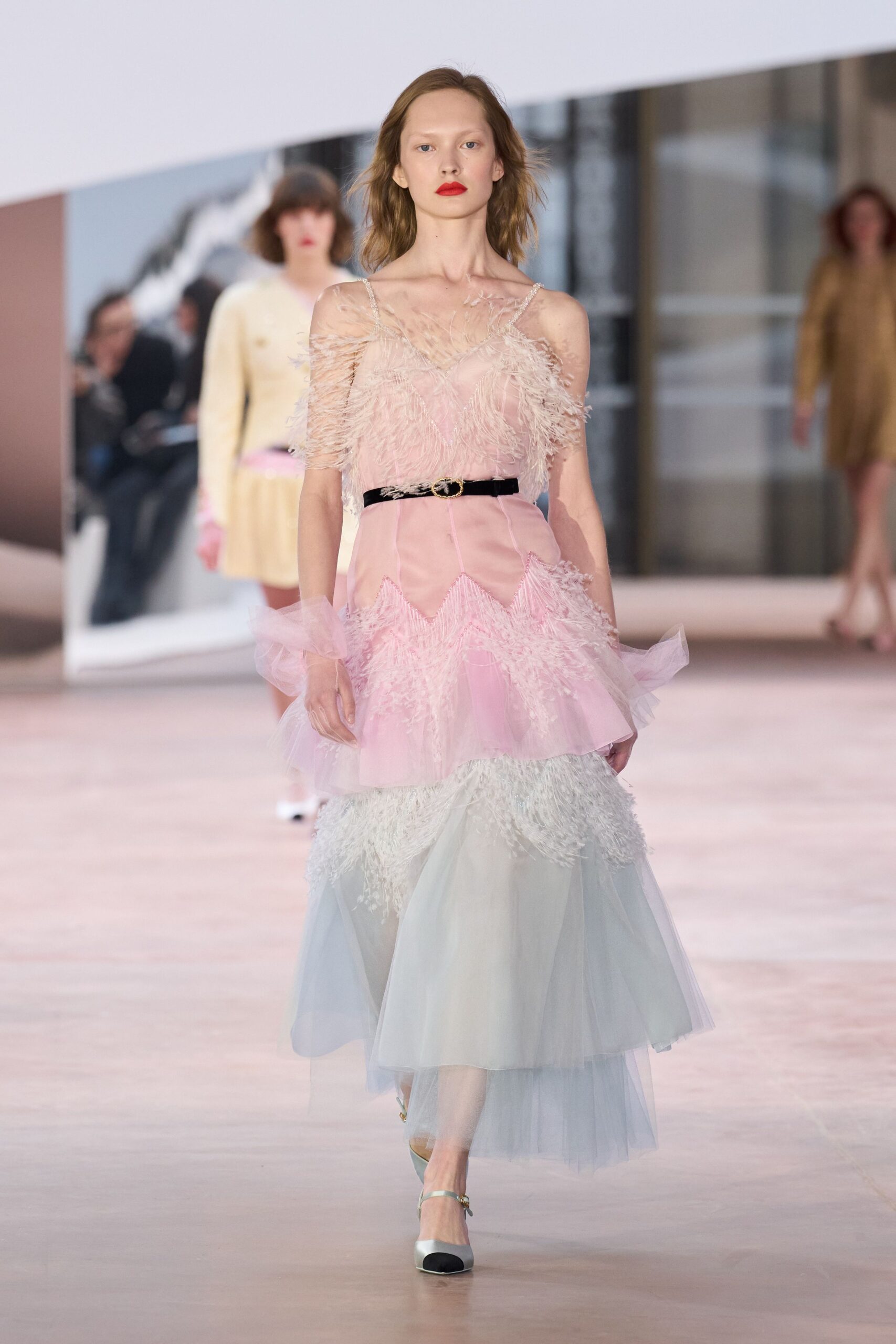 pink tulle sleeveless v-neck fitted layered ruffled dress