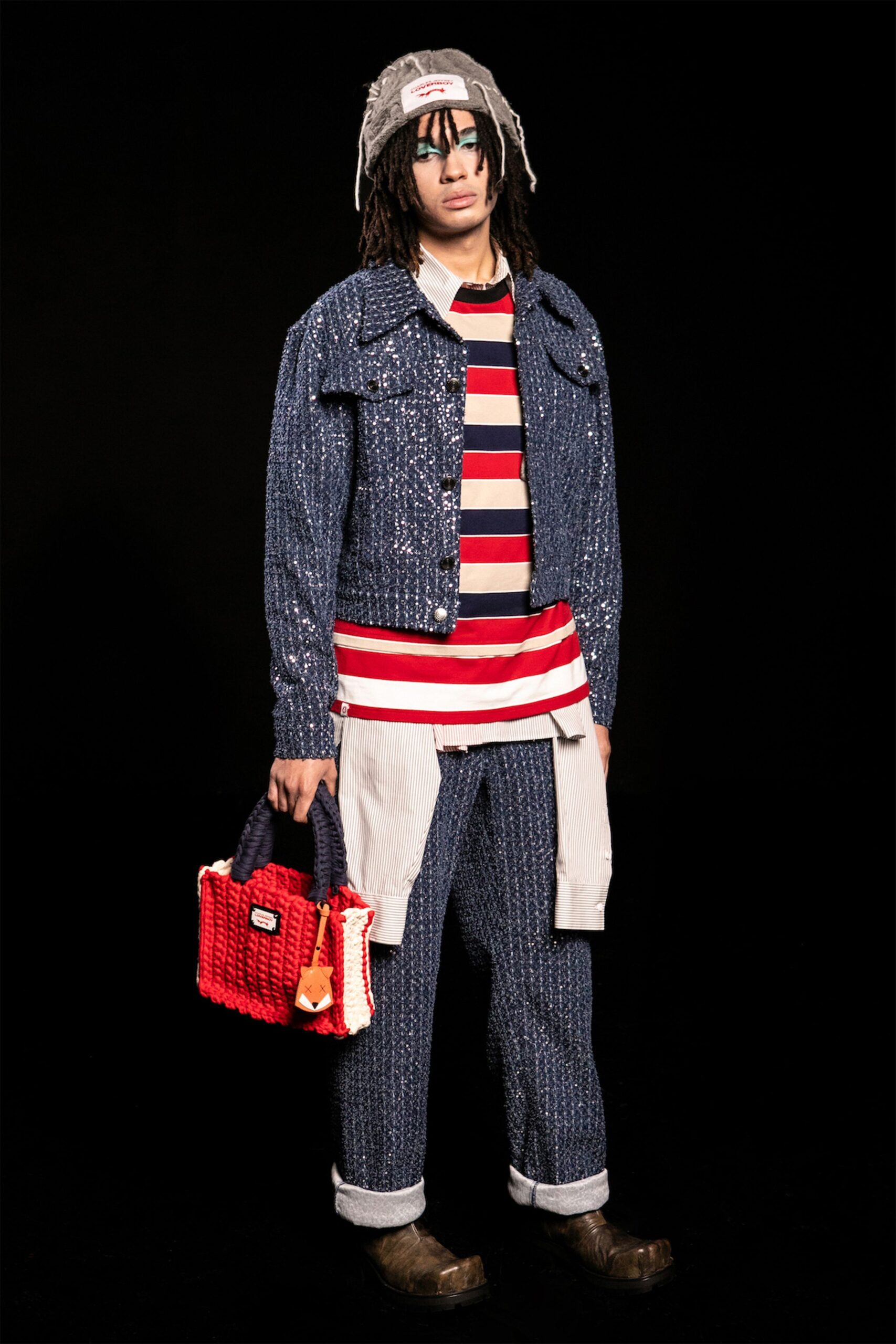 blue denim jacket with striped top