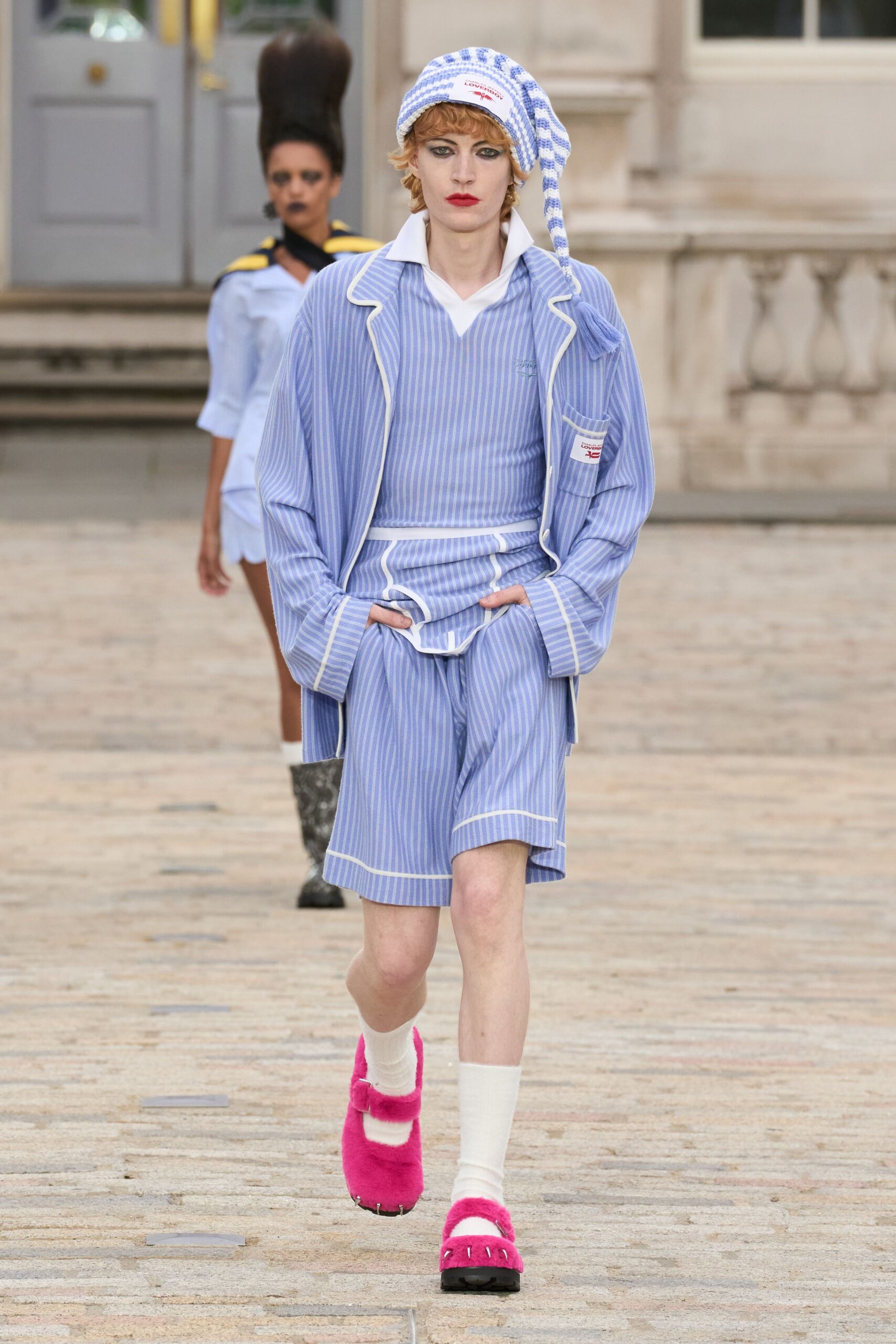 blue striped shorts and shirt with pink shoes